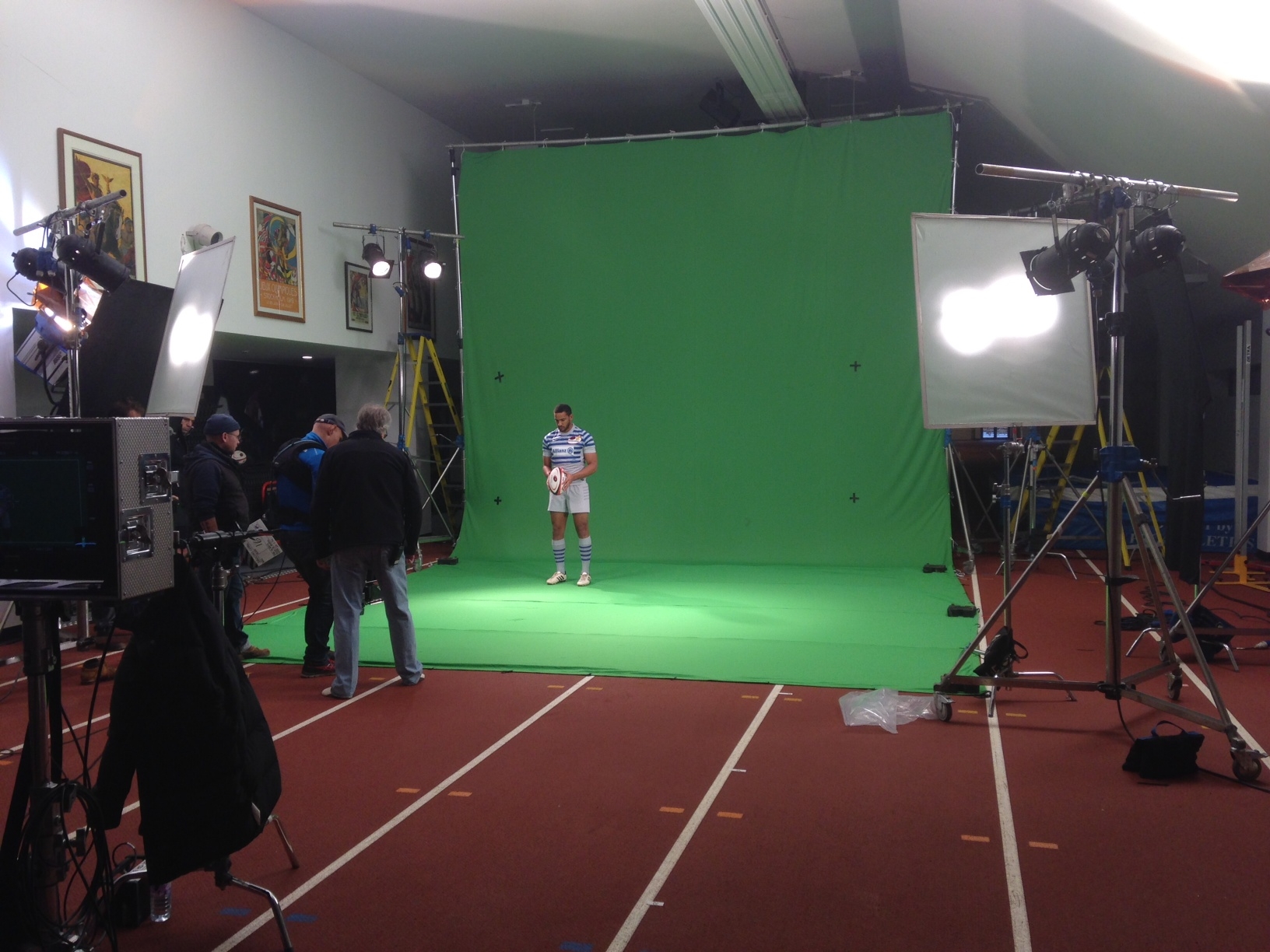 Green screen setup at The Hundred Club, StoneX Stadium for sports video production.