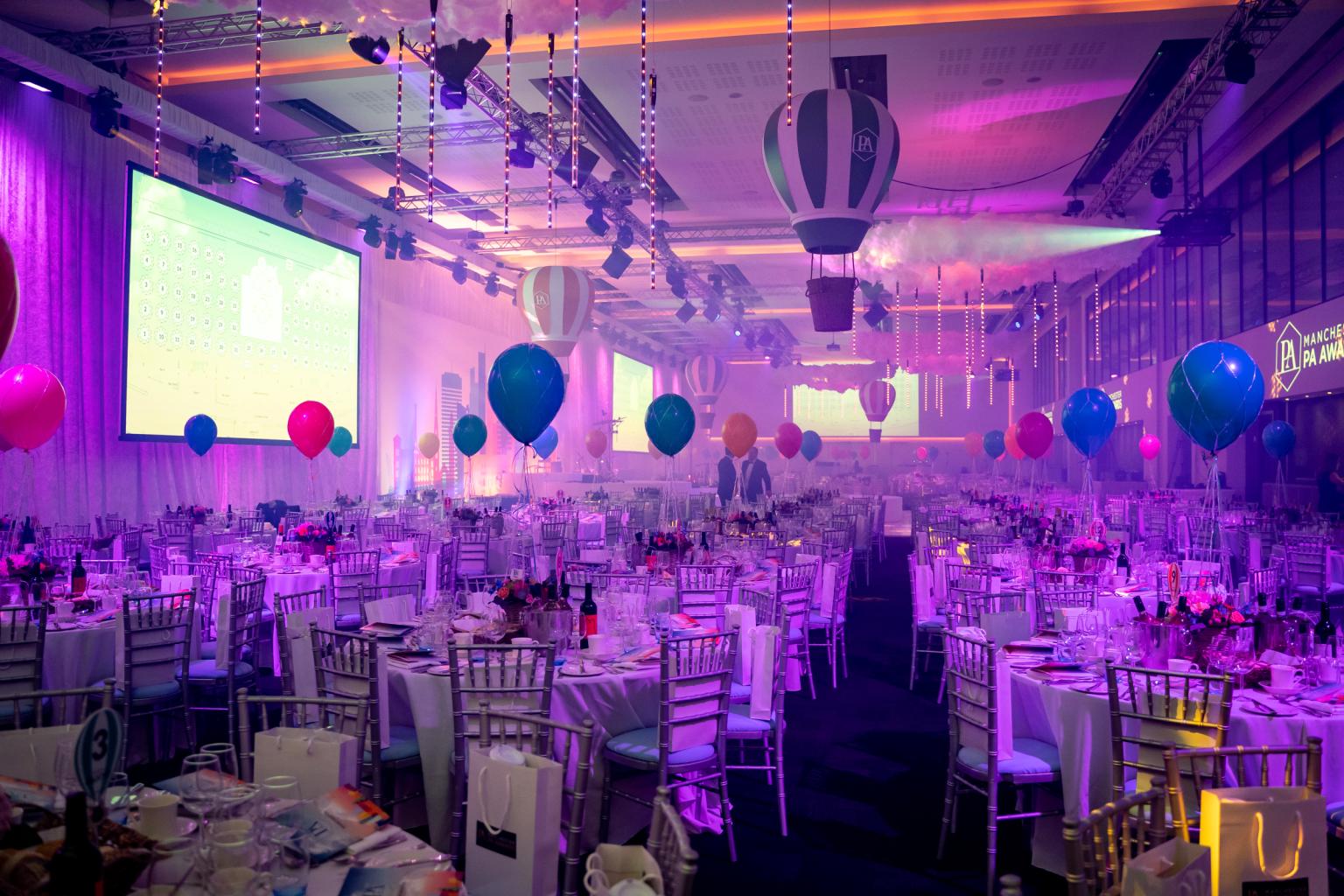 Vibrant event space at The Point, Emirates Old Trafford, with balloon decor for celebrations.