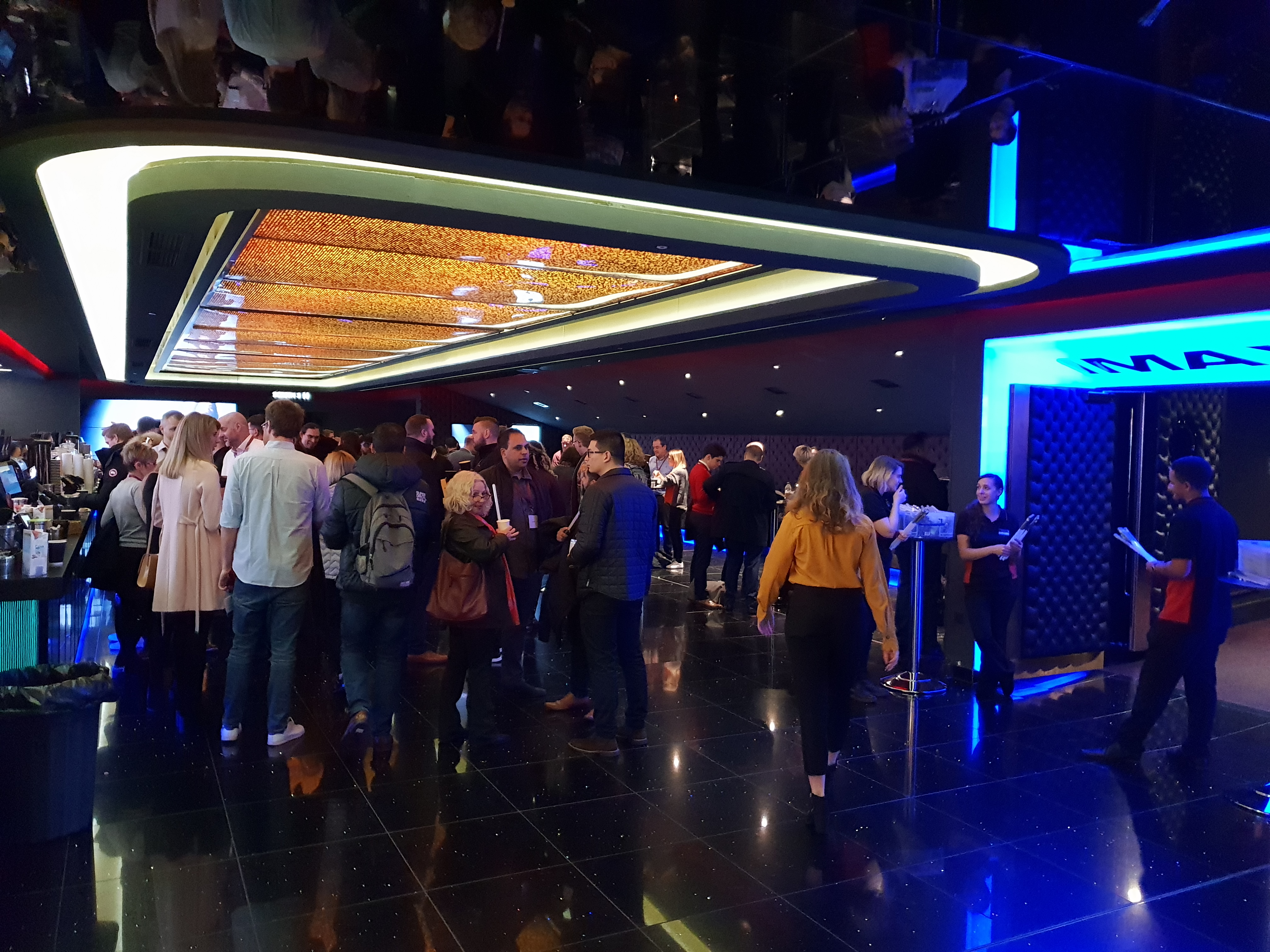 IMAX Cineworld Leicester Square event space with ambient lighting for networking.
