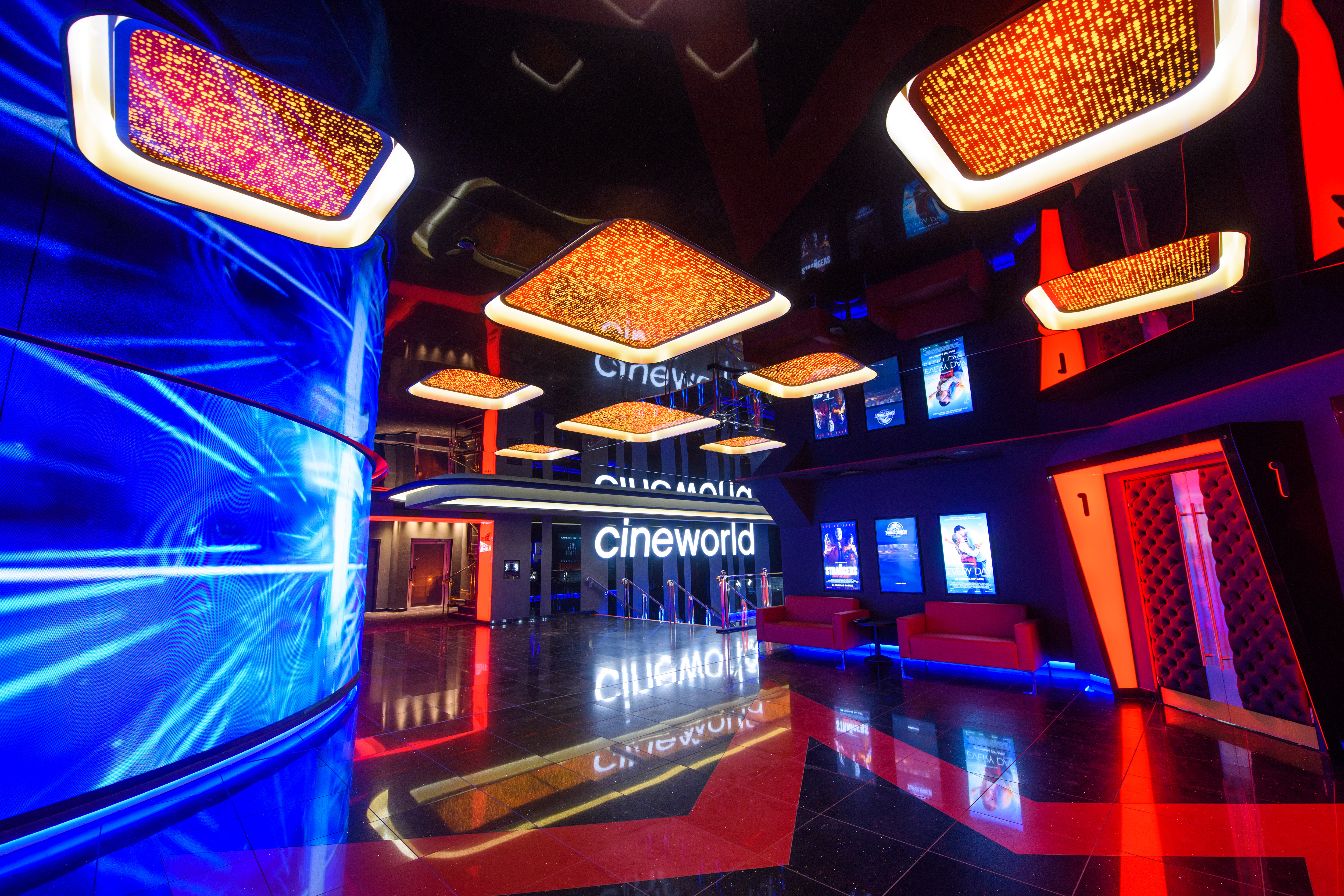 IMAX cinema lobby at Cineworld Leicester Square, modern design for events and premieres.