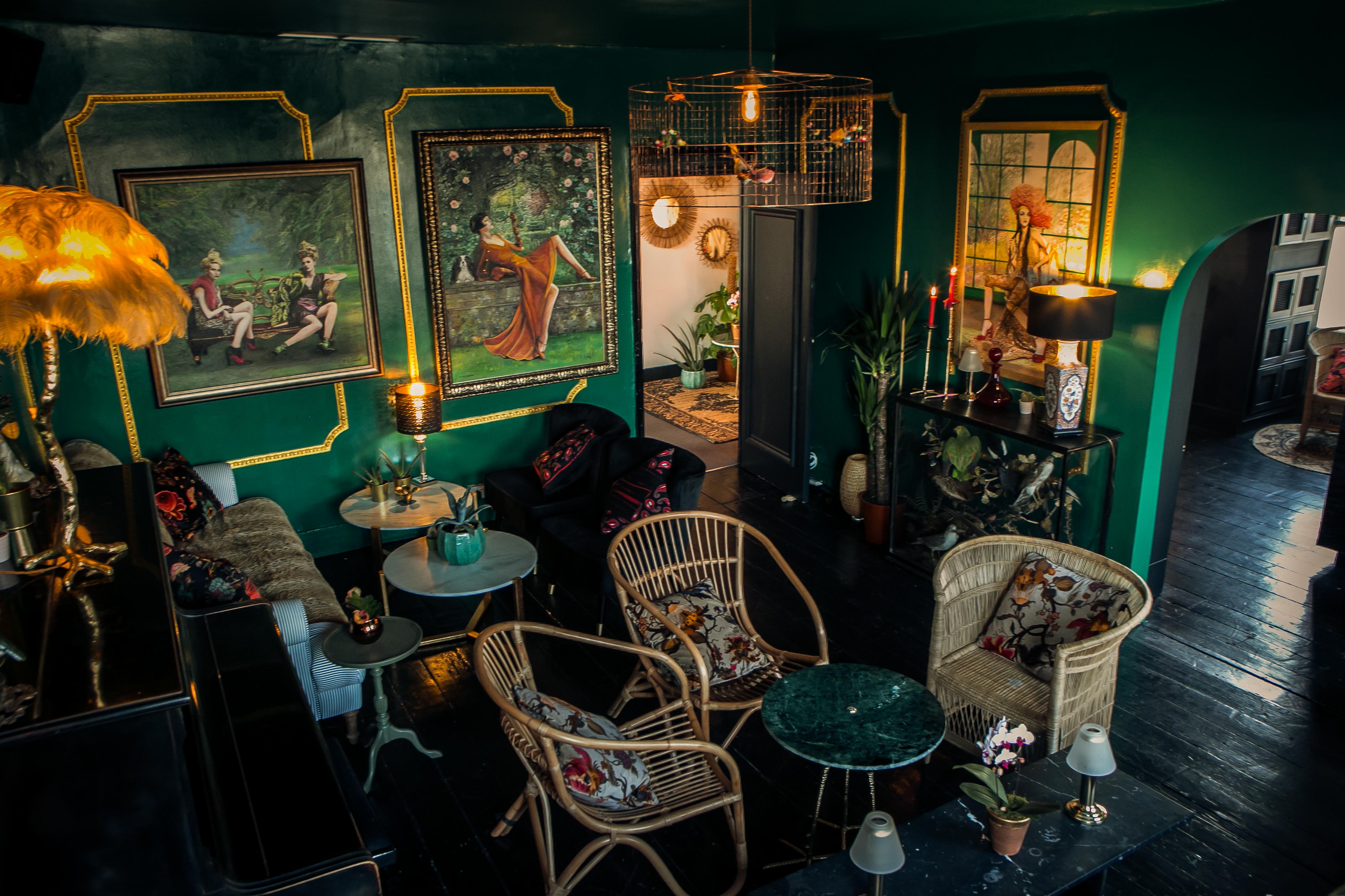 Stylish event space with green walls, ideal for gatherings and meetings in Southam Street.