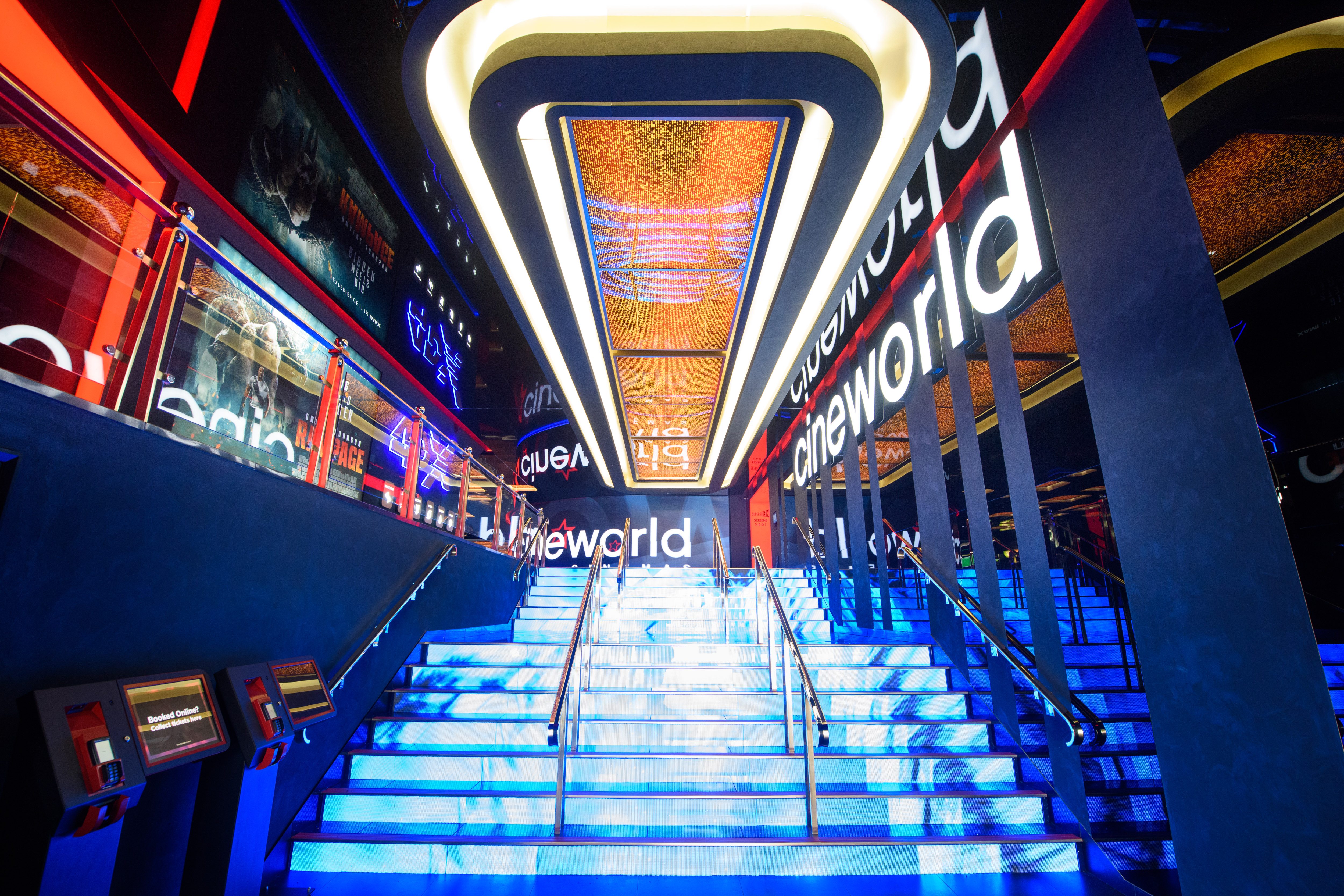 4DX event space at Cineworld Leicester Square with illuminated blue staircase, ideal for meetings.