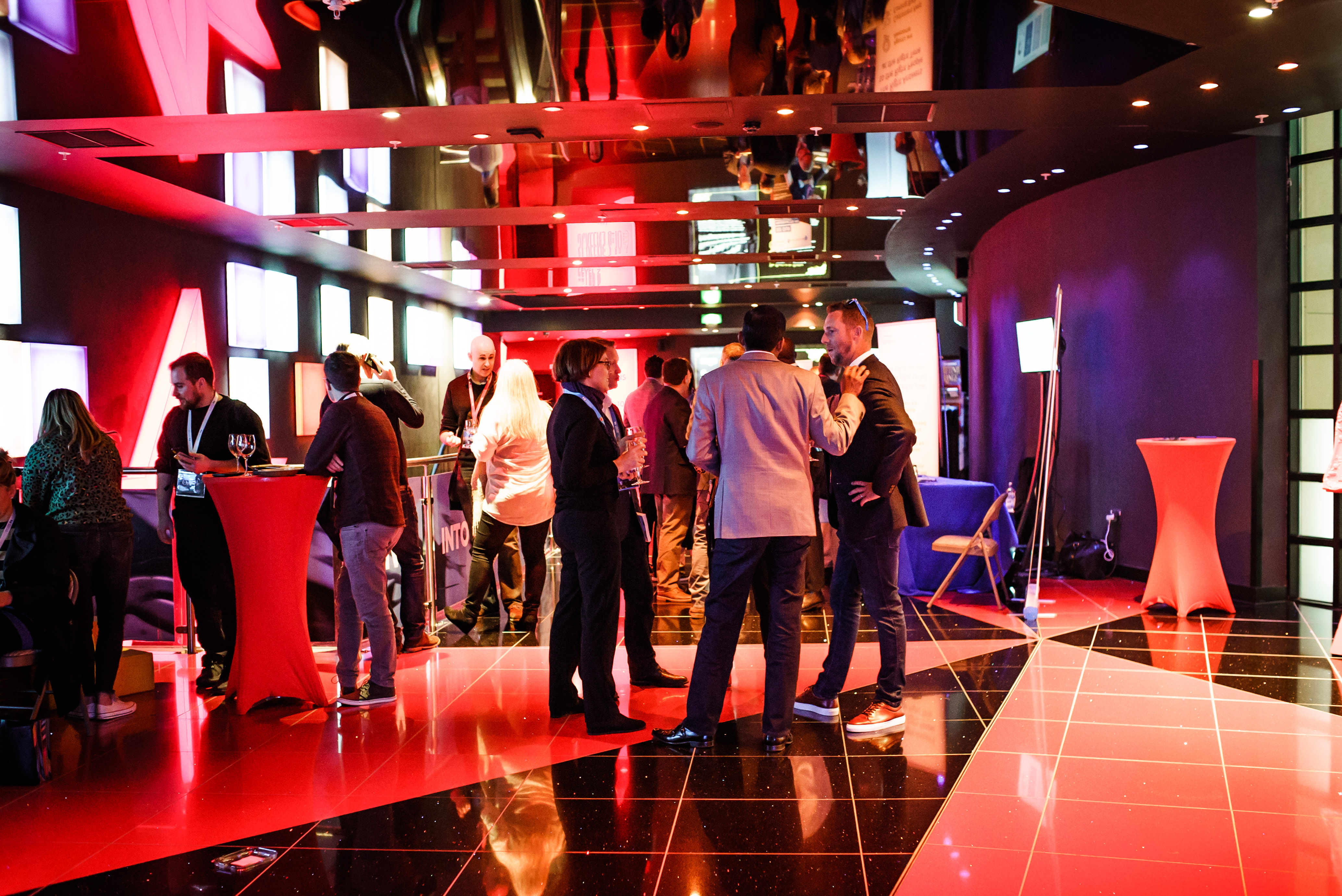 Networking event at Superscreen, Cineworld O2 Greenwich with stylish decor and dynamic lighting.