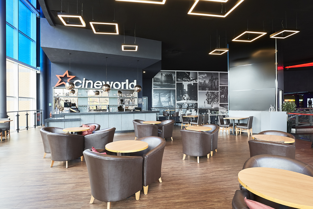 Modern cinema lobby at Cineworld Birmingham, ideal for events and networking.
