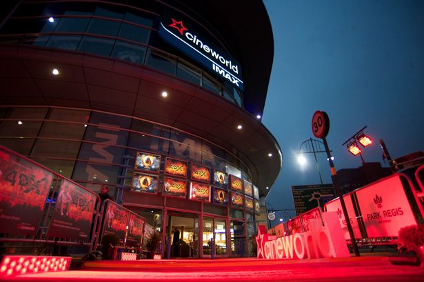 Cineworld Birmingham entrance with red lighting, ideal for film screenings and events.
