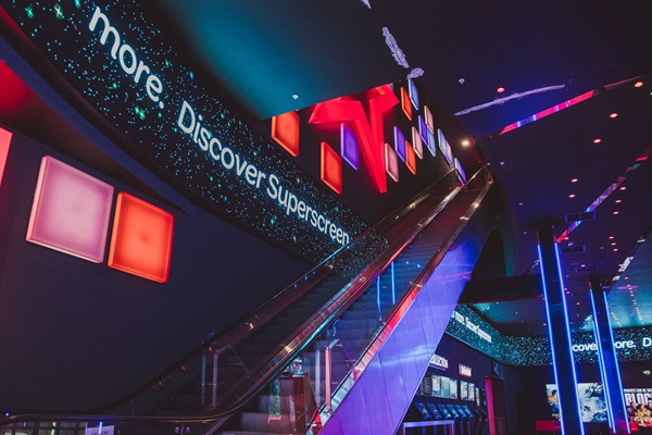 Cineworld Birmingham entrance with colorful lighting, ideal for modern events and gatherings.
