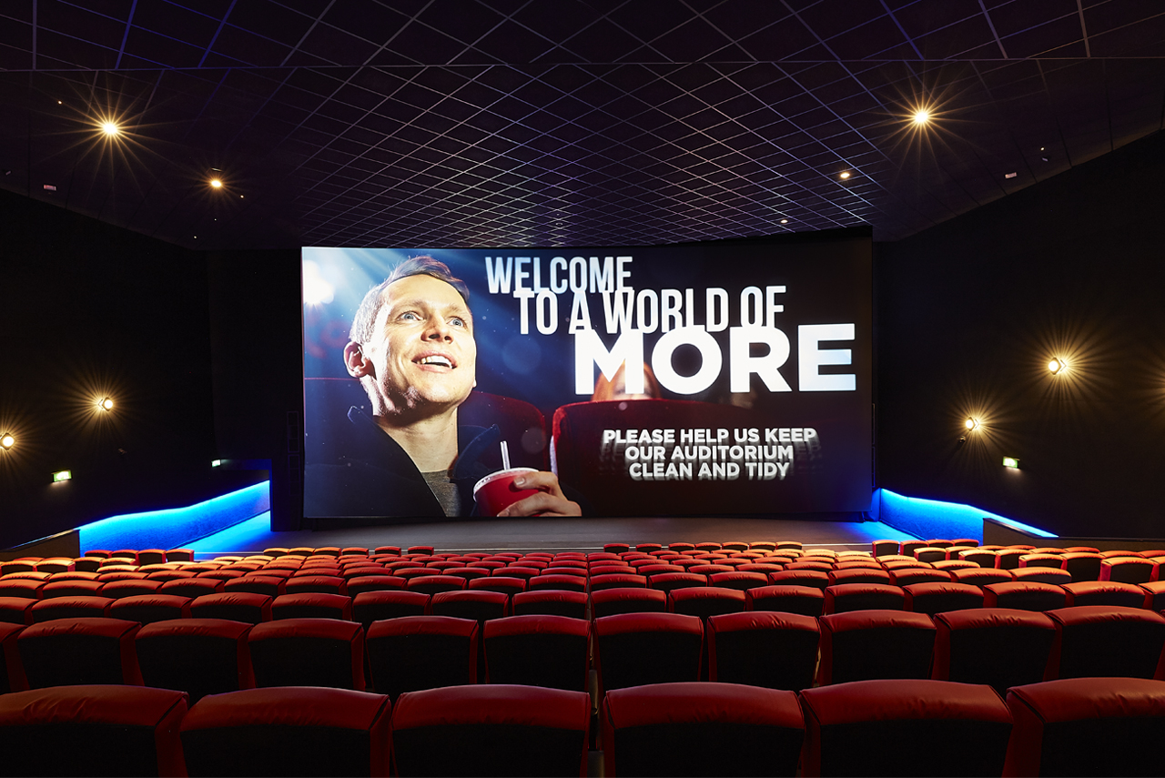 Large screen cinema auditorium in Cineworld Birmingham for film screenings and events.