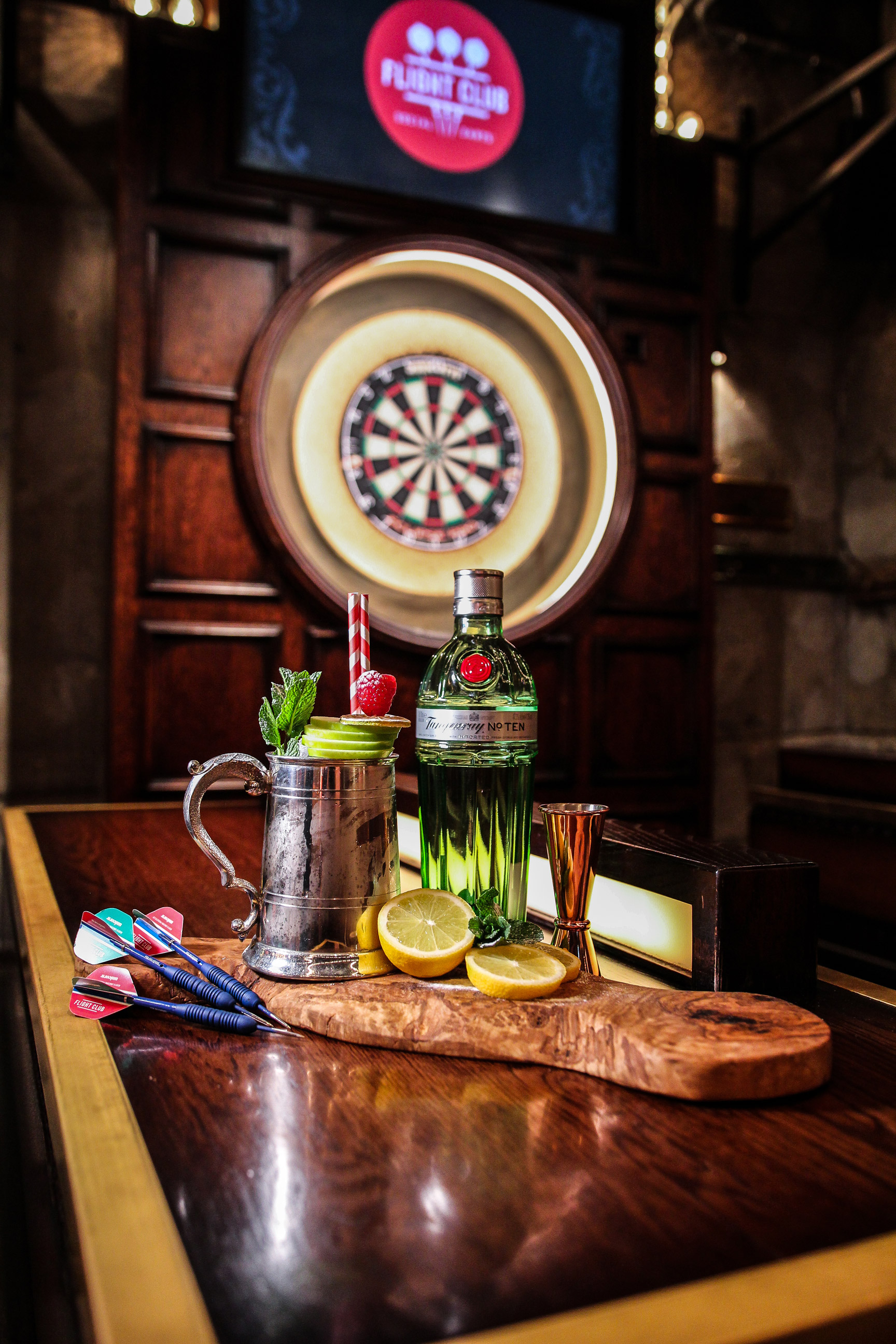 Stylish cocktail setup at Flight Club Manchester for networking and social events.