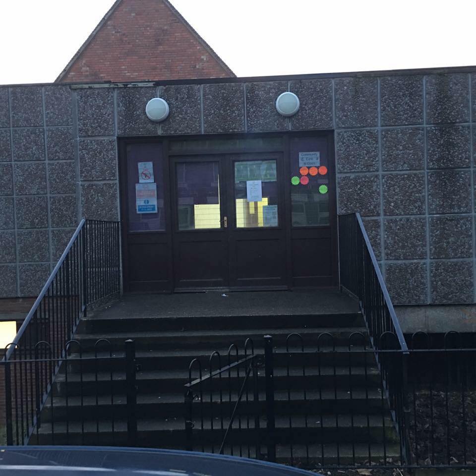 Large hall entrance at St. Mark's Community Centre with stairs, ideal for events and meetings.
