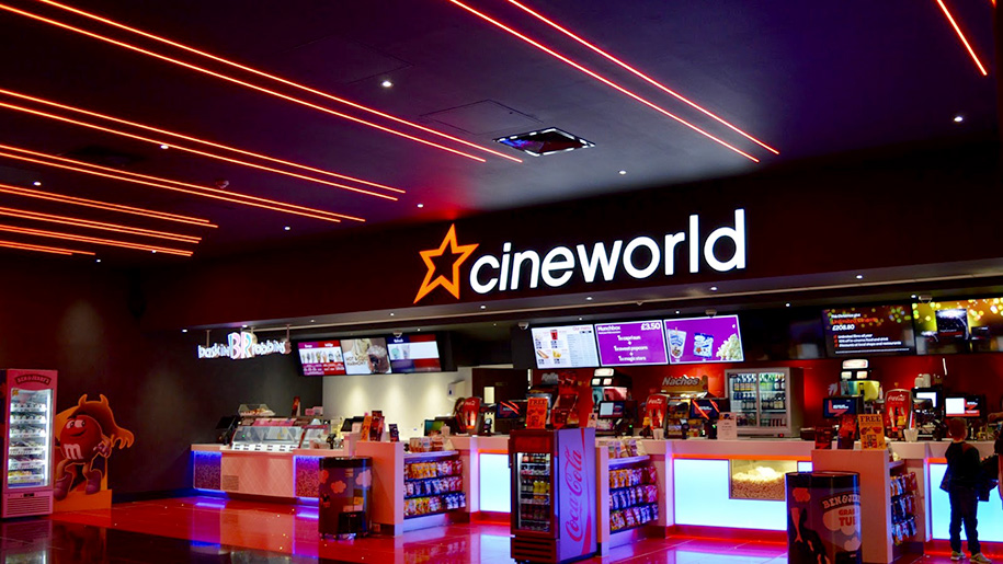 Modern Cineworld Birmingham concession area, vibrant lighting, ideal for events and networking.