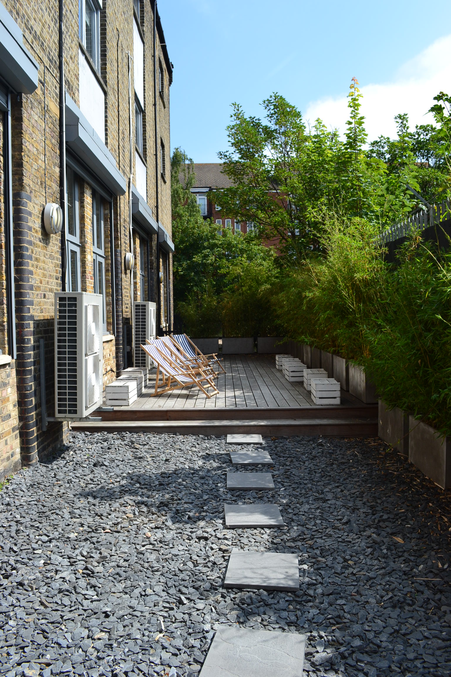 Regent’s Canal Showroom outdoor space with wooden deck for networking events.