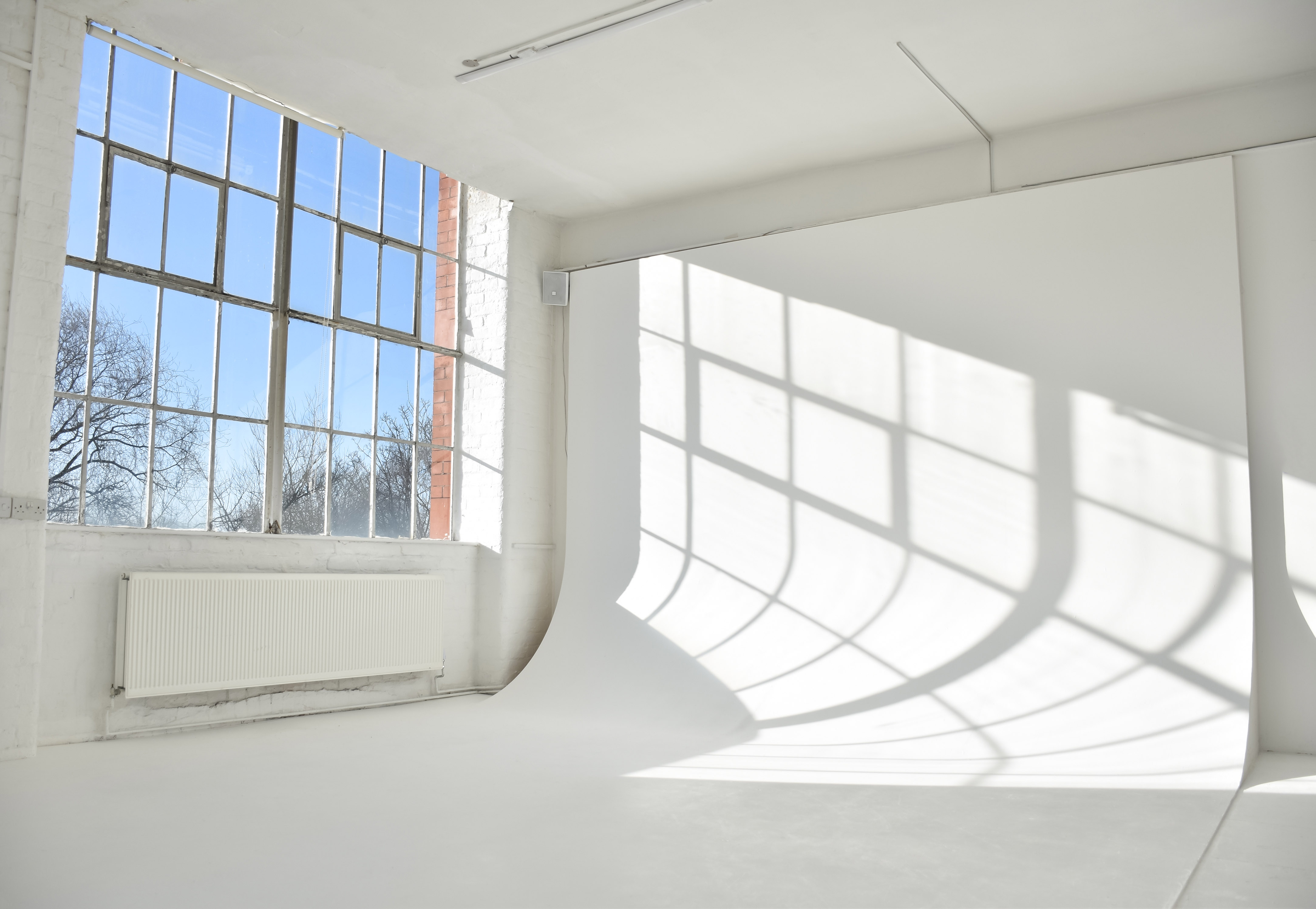 Bright minimalist event space with large windows for meetings and workshops.