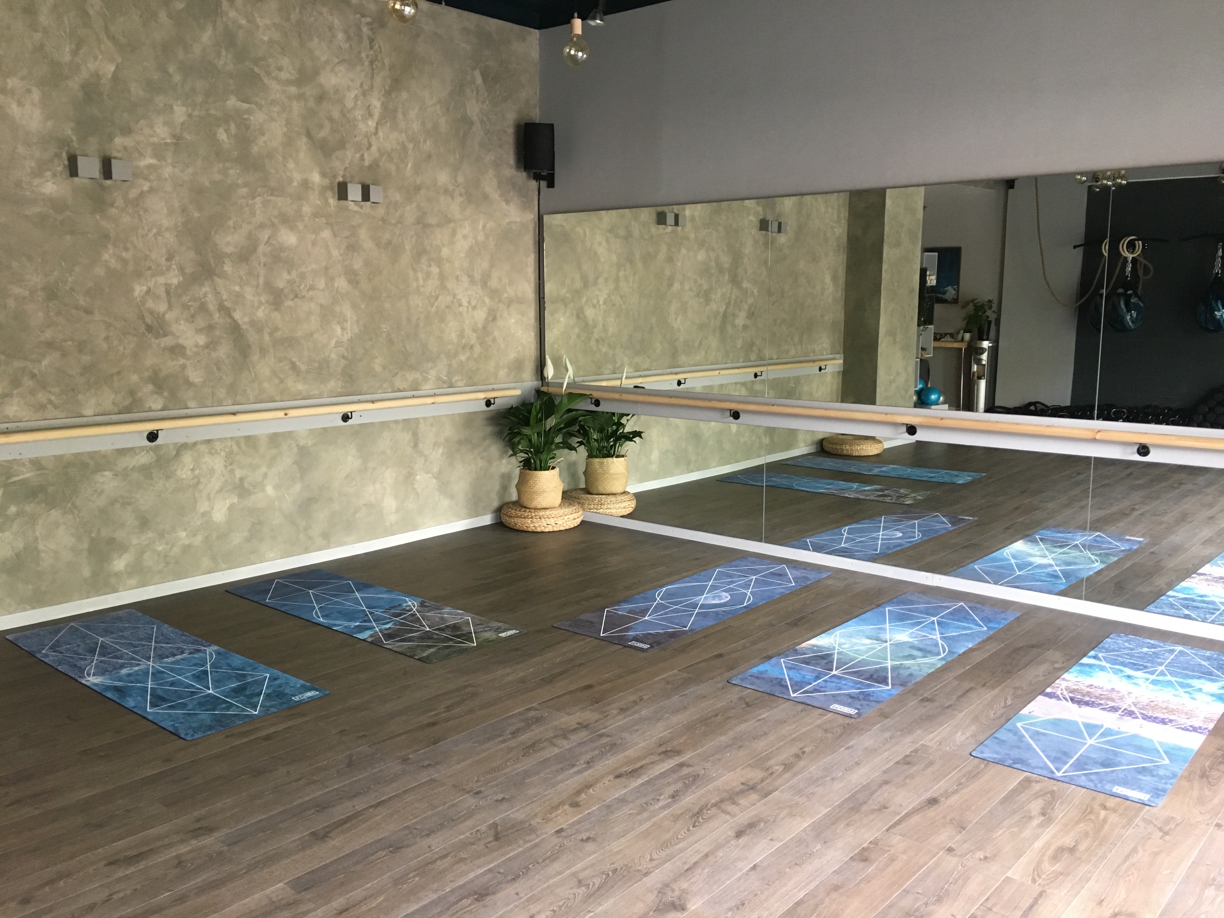 Yoga studio with mirrored wall, ideal for wellness retreats and team-building events.