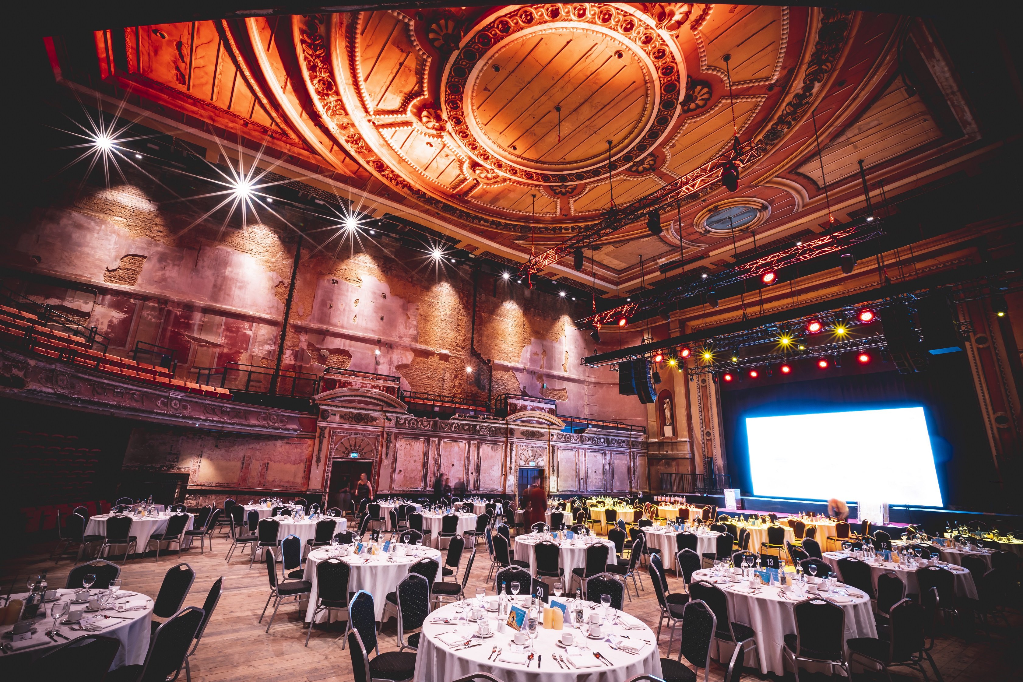 Victorian Theatre at Alexandra Palace, elegant dining setup for corporate events and galas.