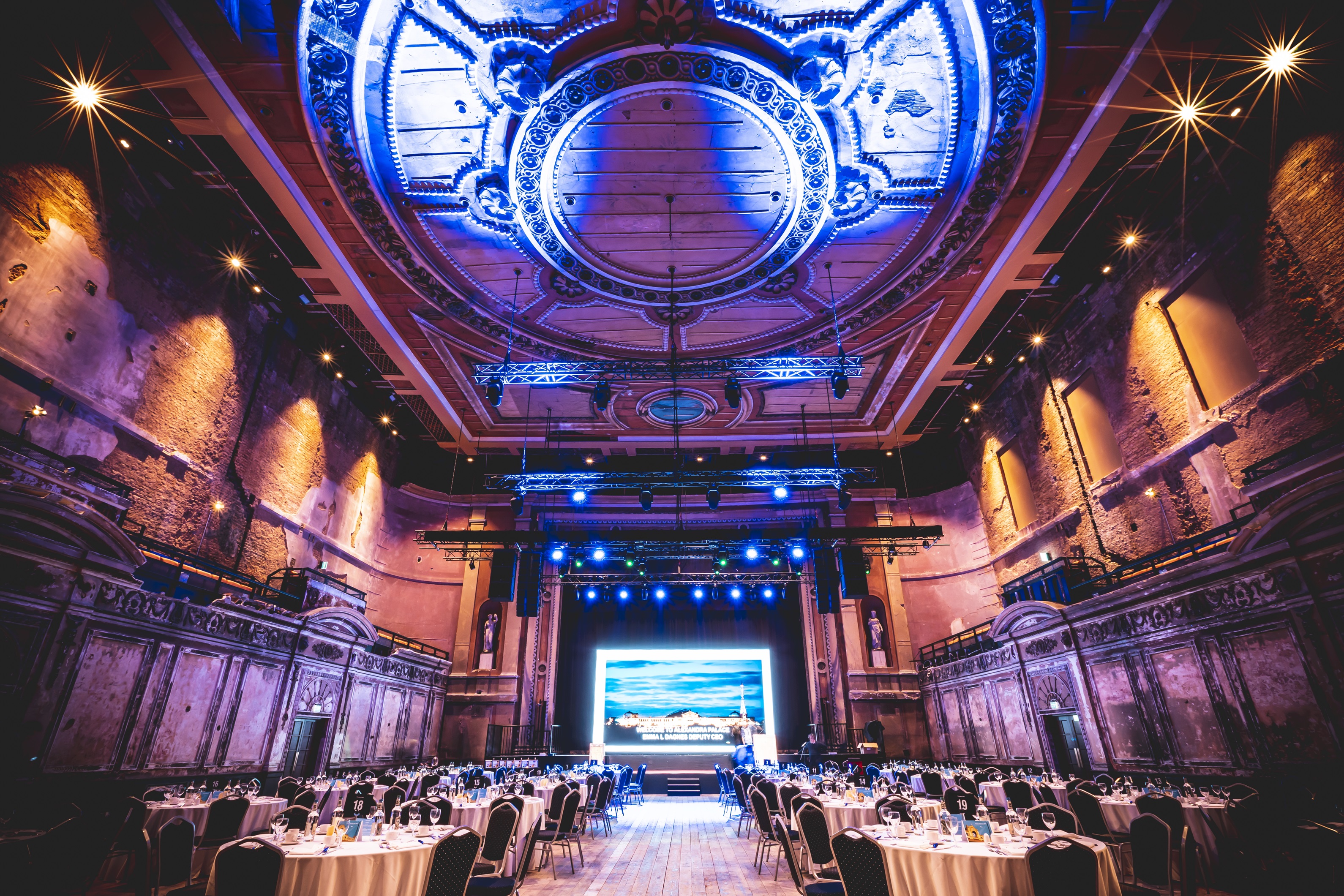Victorian Theatre at Alexandra Palace, elegant ceiling, ideal for conferences and gala dinners.