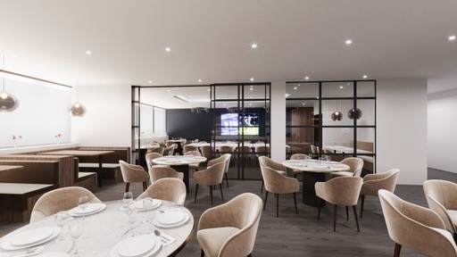 Modern event space at Birmingham City FC with elegant round tables for corporate meetings.