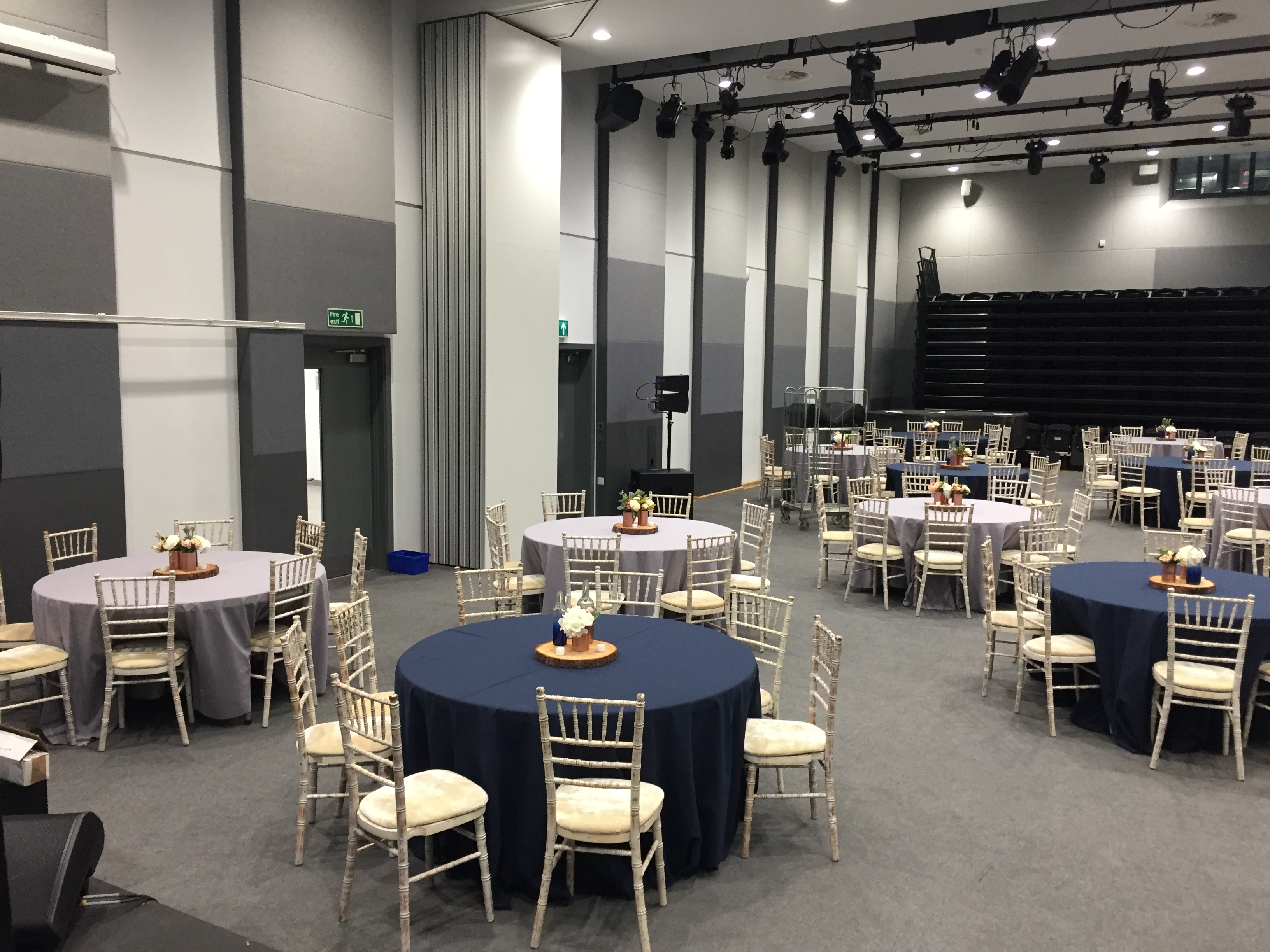Weston Hall event space with round tables, ideal for corporate meetings and social gatherings.