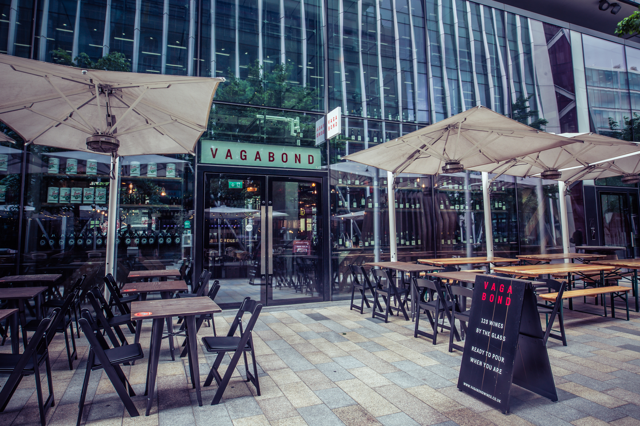 Modern outdoor dining at Vagabond Victoria, perfect for casual meetings and events.