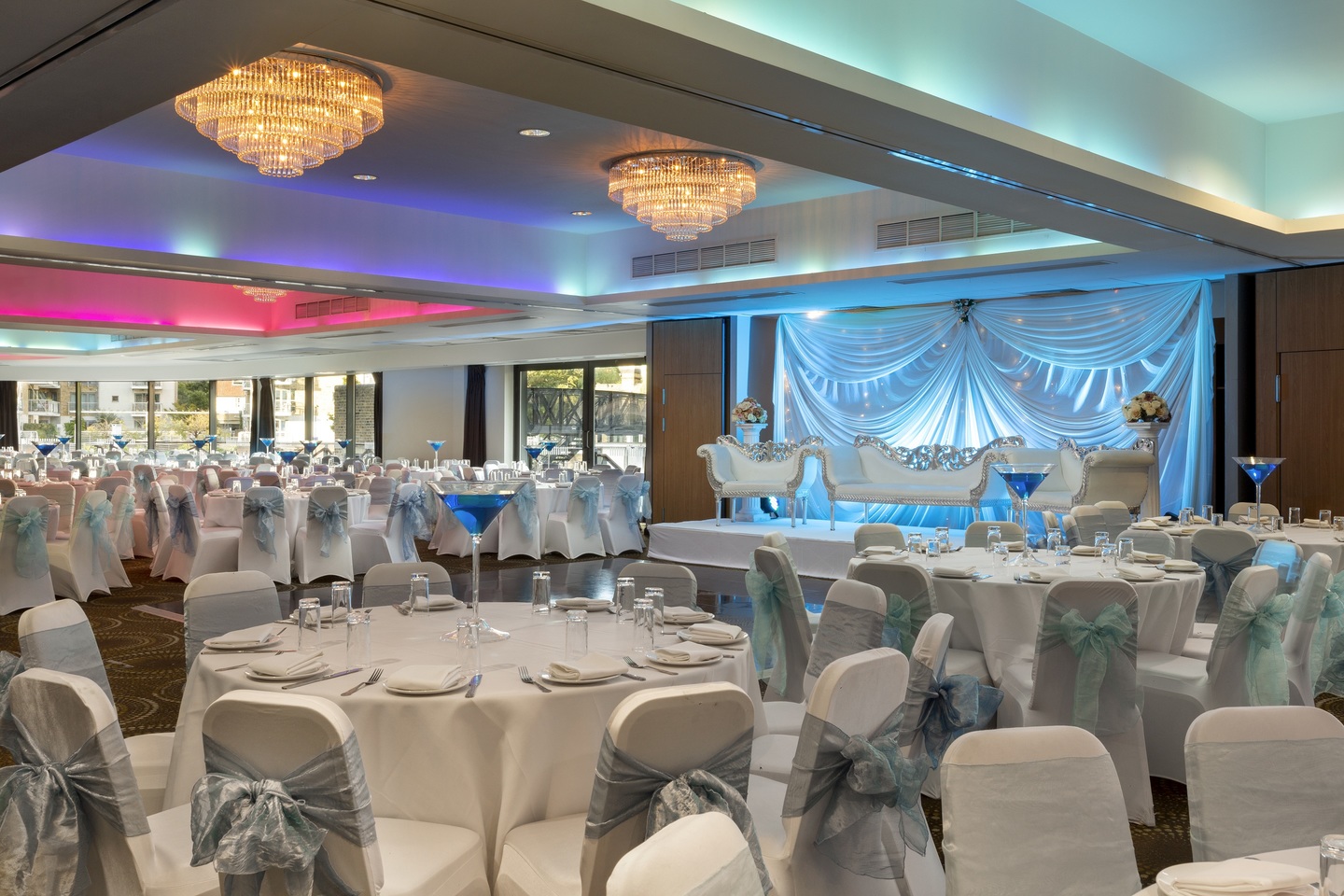 Elegant banquet hall at The Waterfront Suite, perfect for weddings and formal events.