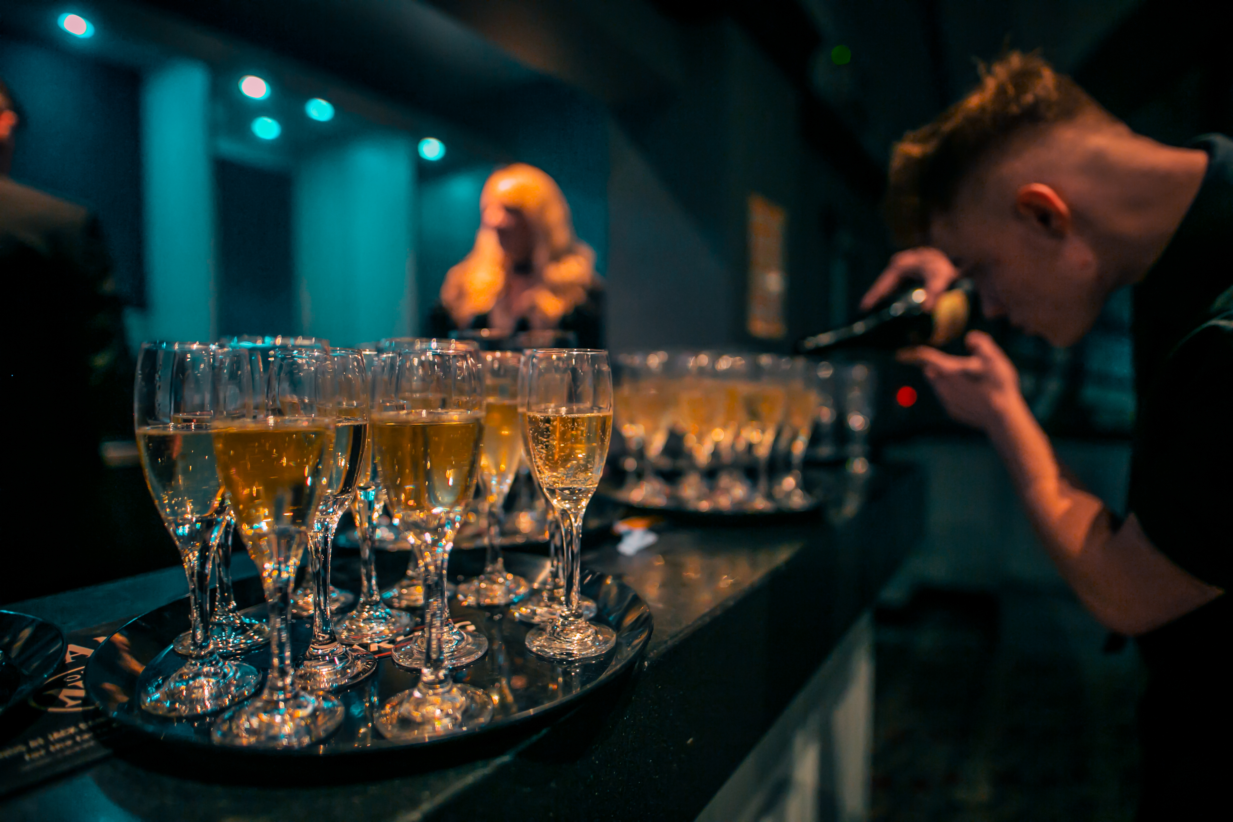 Elegant pre-event setup in XOYO Birmingham with champagne flutes for formal celebrations.