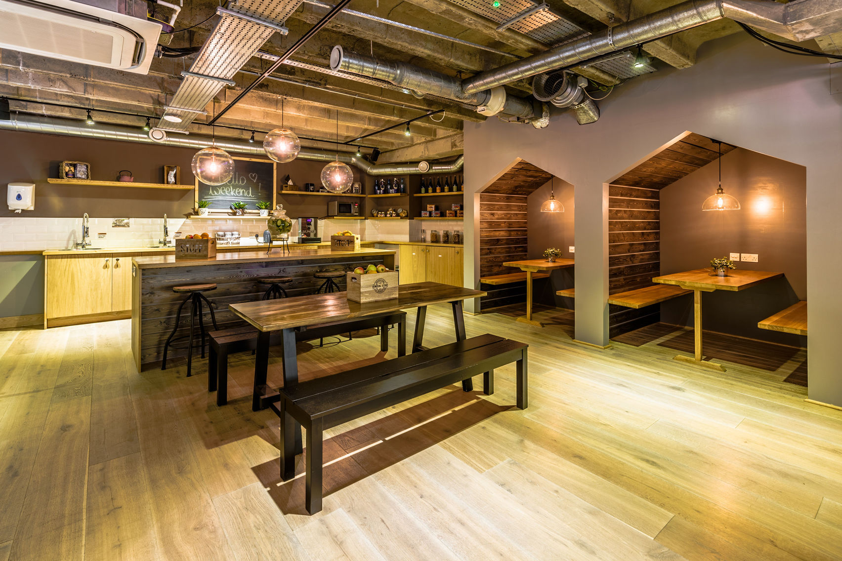Modern meeting space with wood finishes for collaborative events and brainstorming sessions.