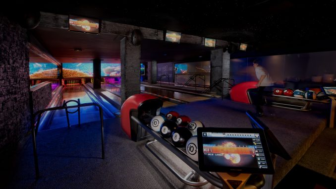 Modern bowling lanes with vibrant lighting for team-building events and casual gatherings.