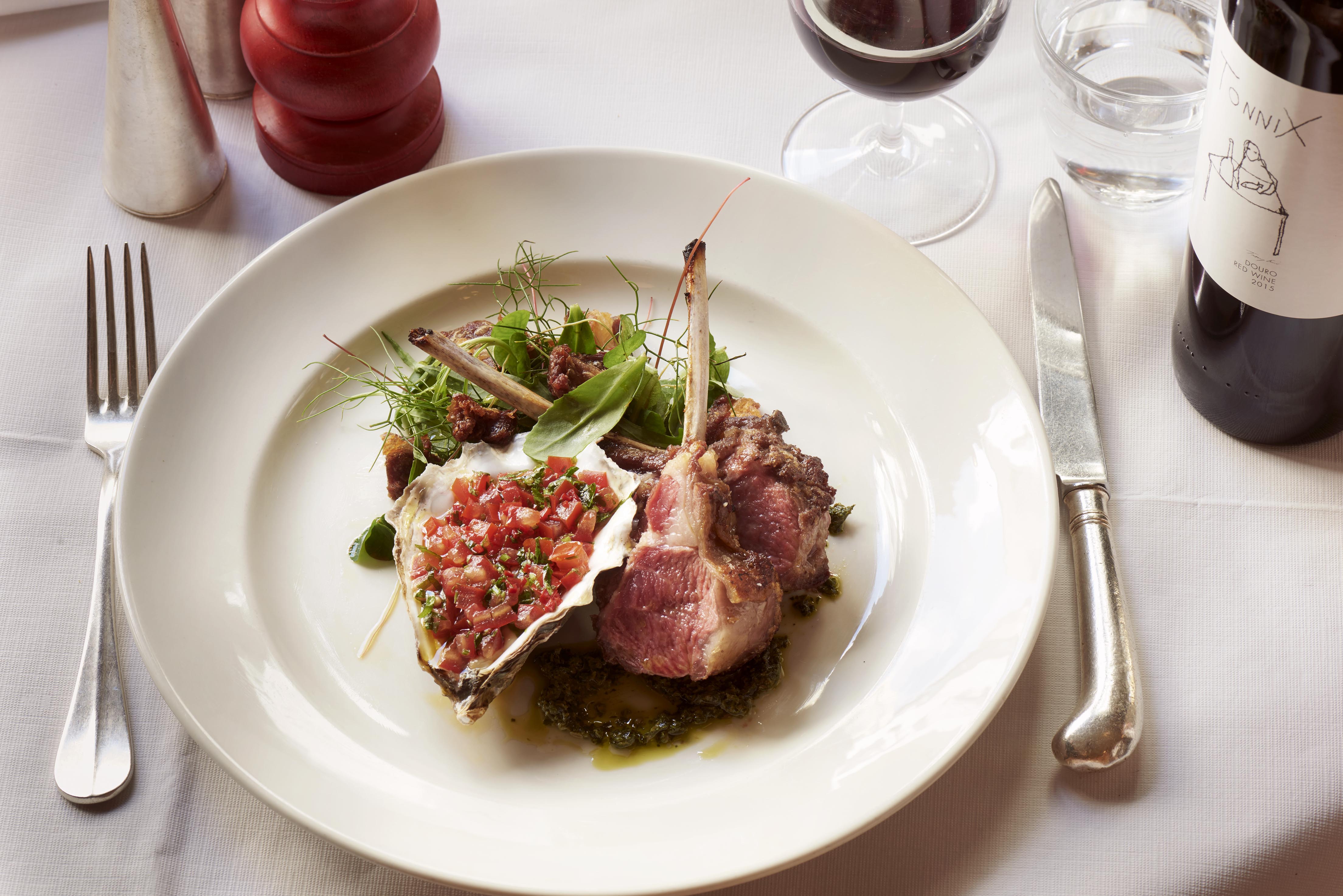Lamb chops with salsa and red wine at HIX Oyster & Chop House event dining.