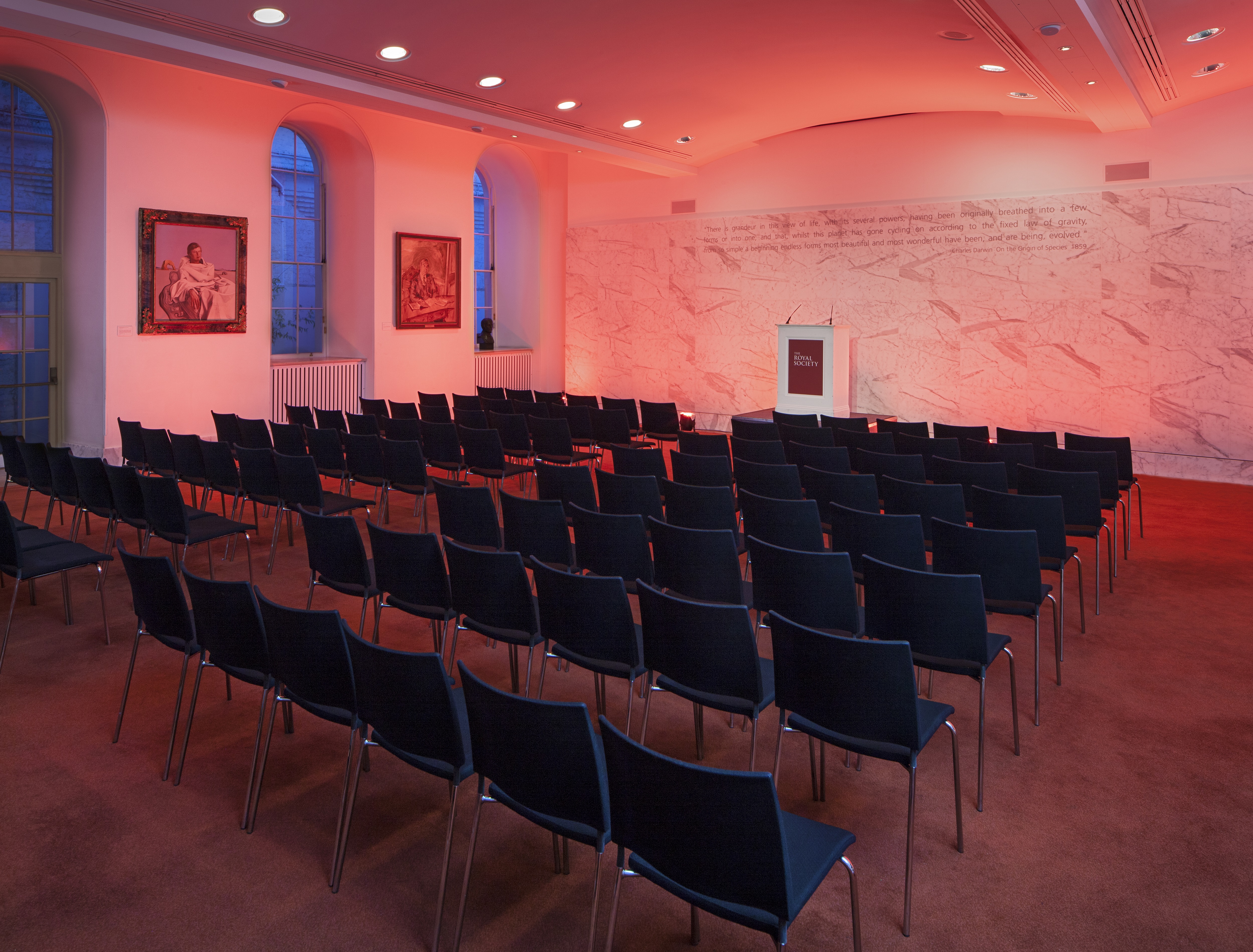 Dining Room at The Royal Society, featuring rows of chairs for presentations and workshops.