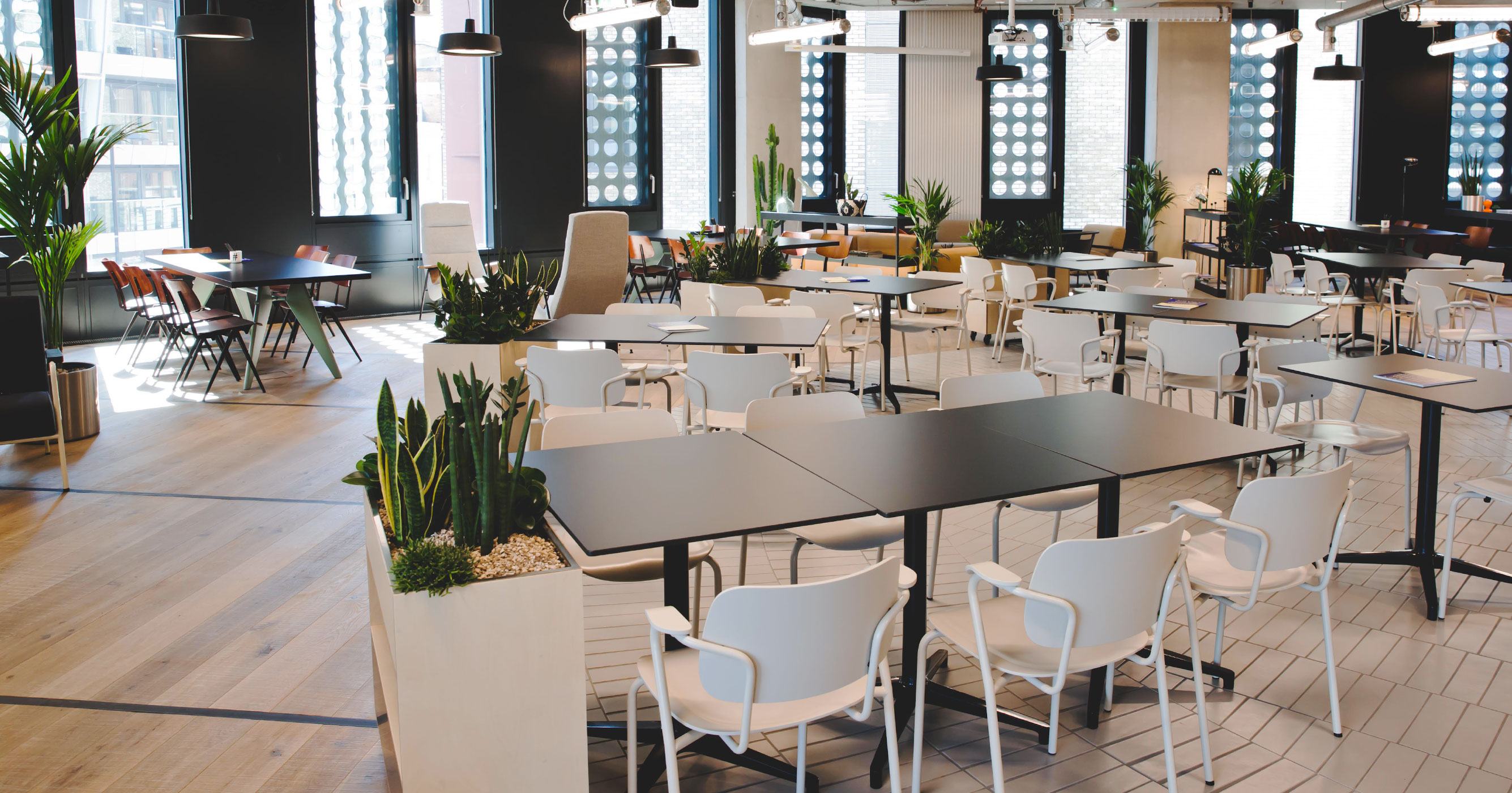 Modern event space at FORA with natural light, perfect for meetings and social gatherings.