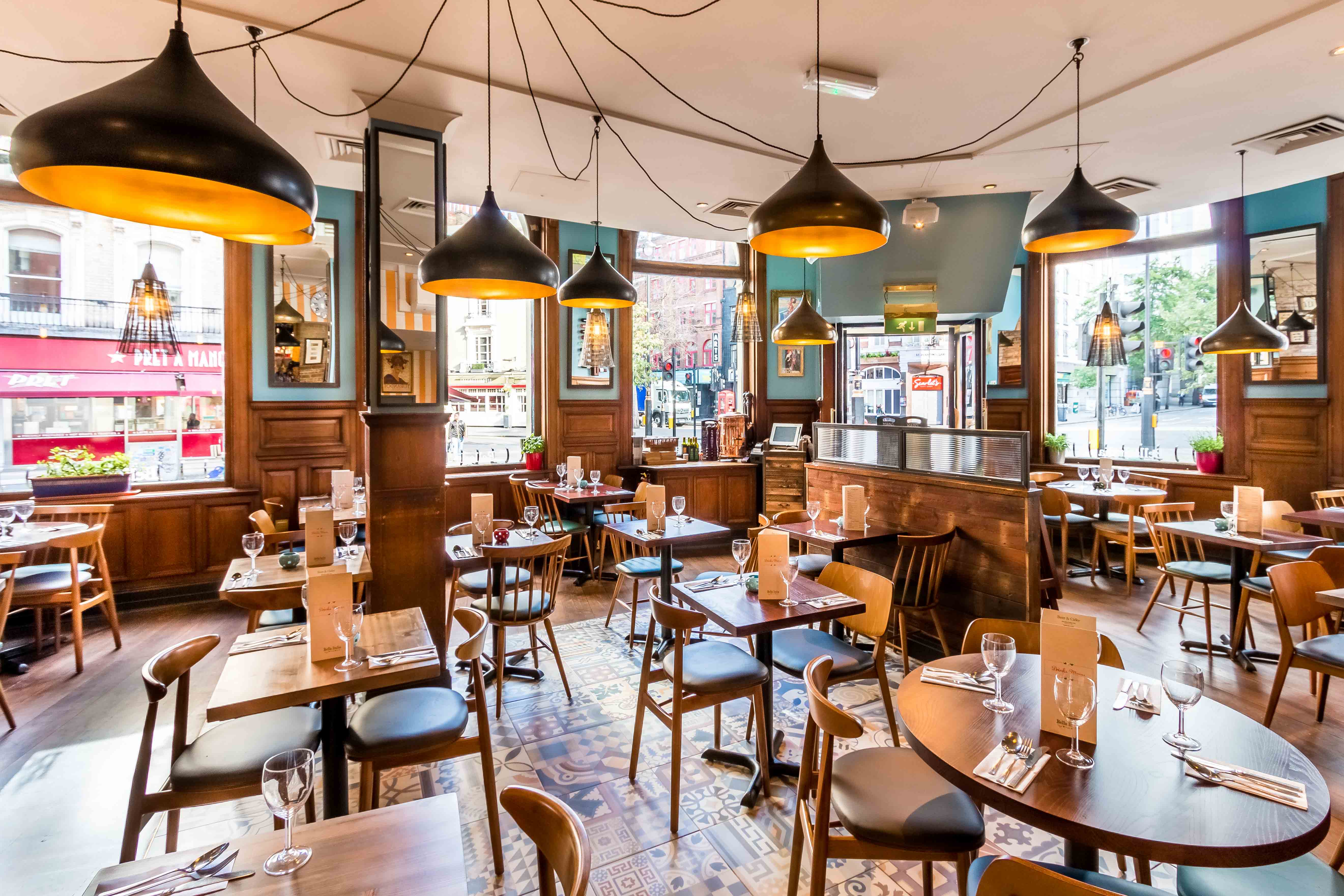 Stylish Bella Italia venue with modern lighting, perfect for networking events and private dinners.