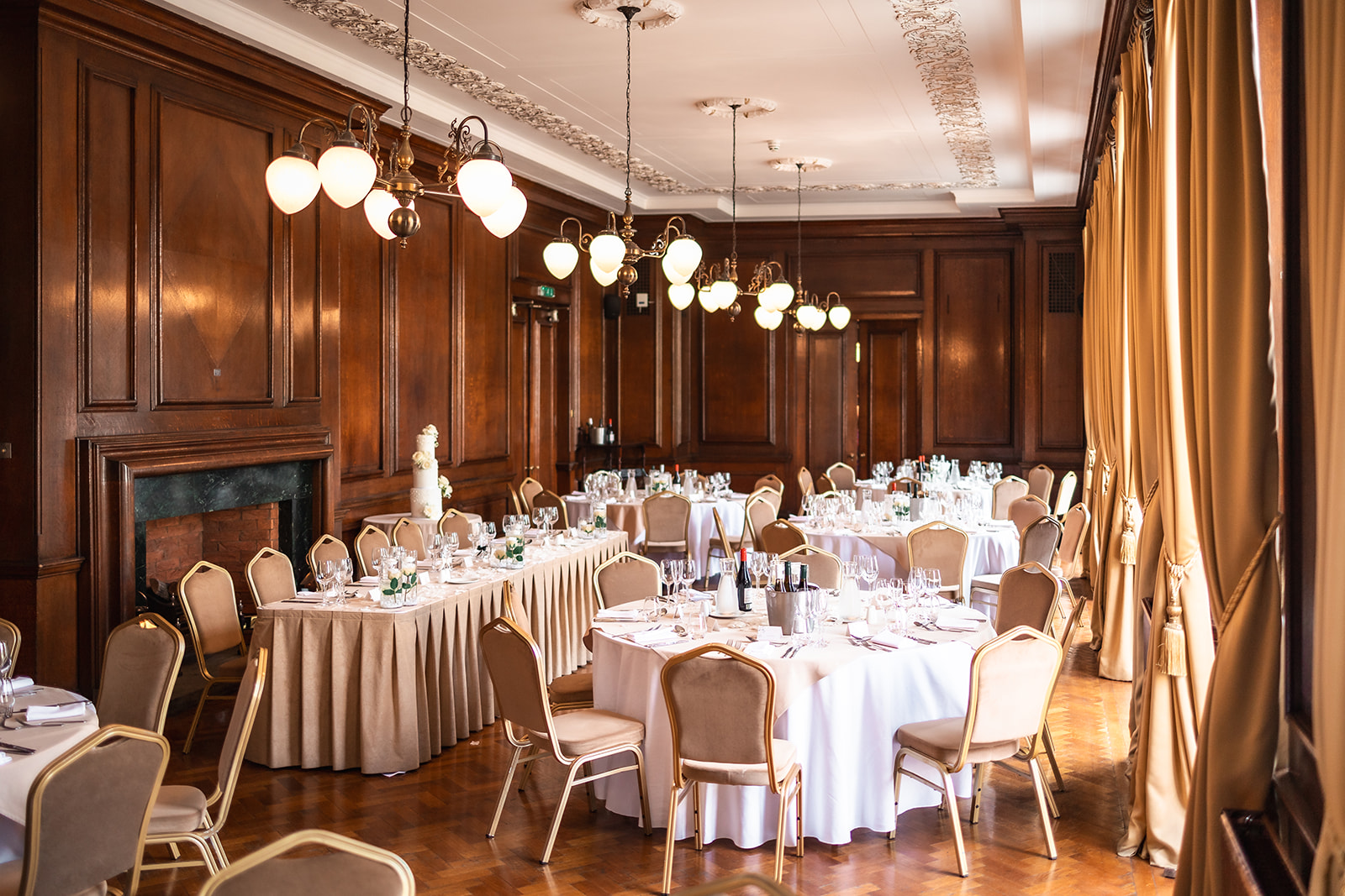 Elegant banquet room in Manchester Hall, perfect for upscale events and corporate gatherings.