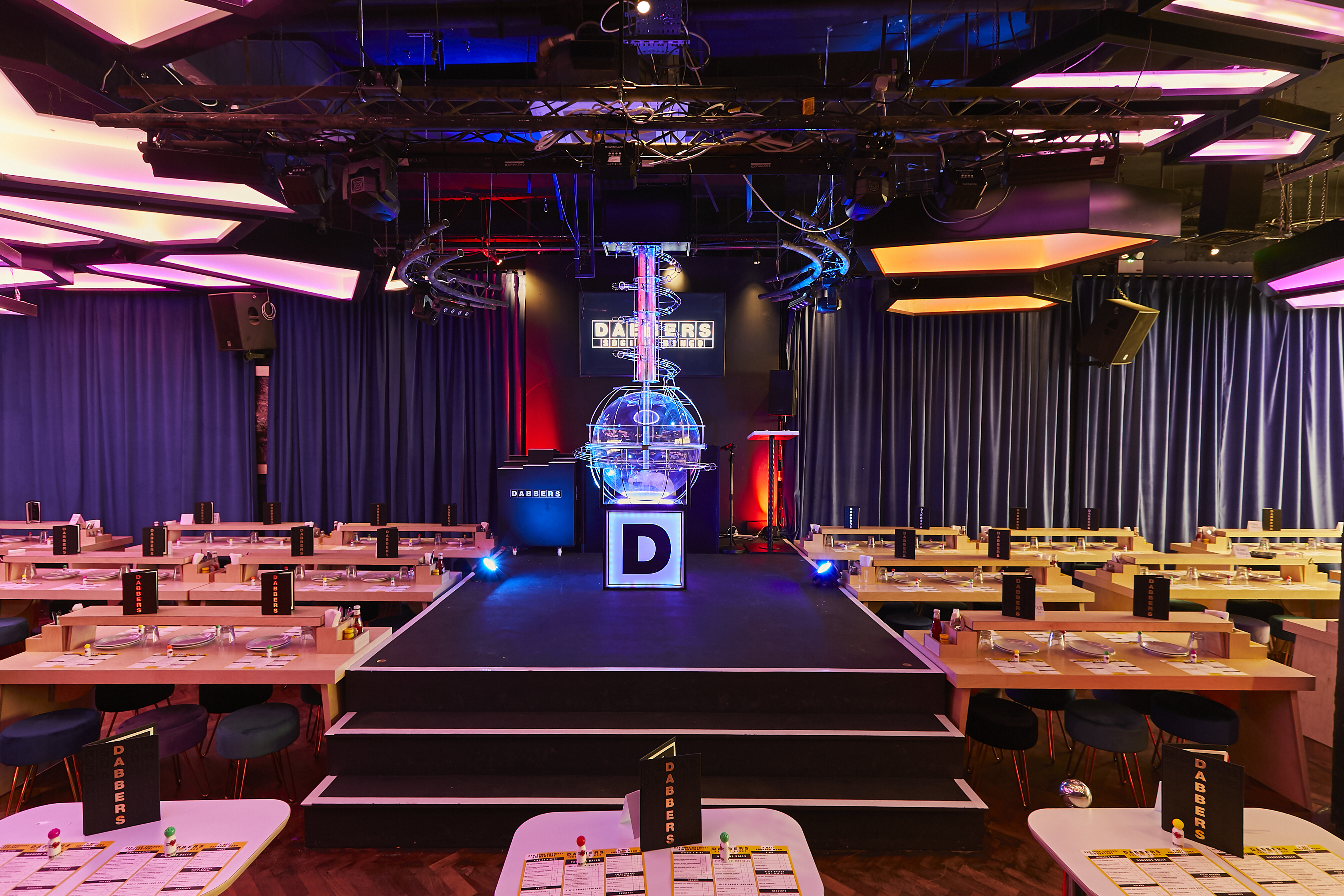 Whole Venue at Dabbers Social Bingo, modern stage setup for meetings and presentations.