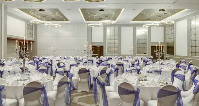 Elegant banquet hall at PhoxTrott, Hilton Bournemouth for weddings and corporate galas.
