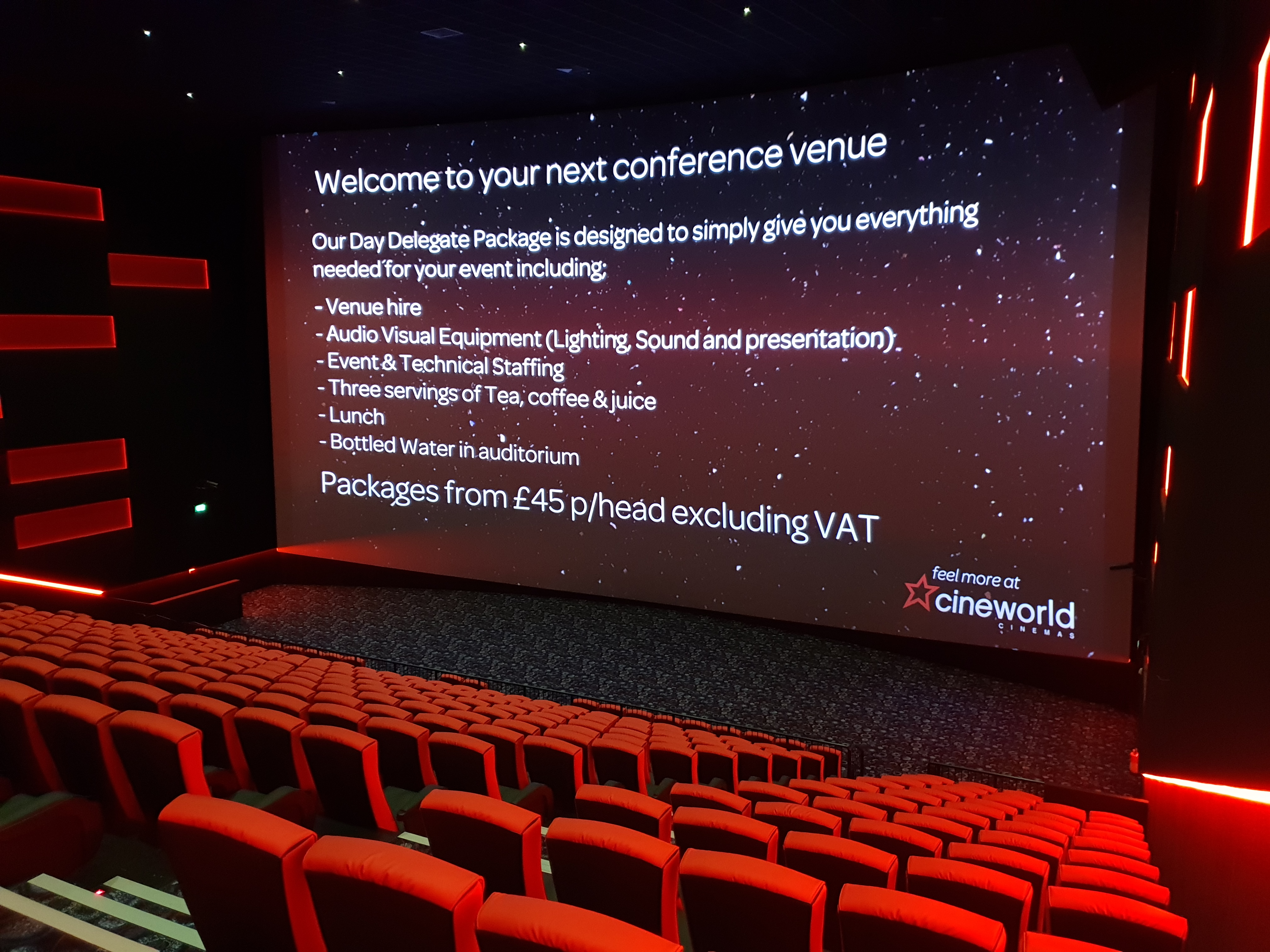 IMAX screen 1 at Cineworld Watford, ideal for conferences with comfortable seating.