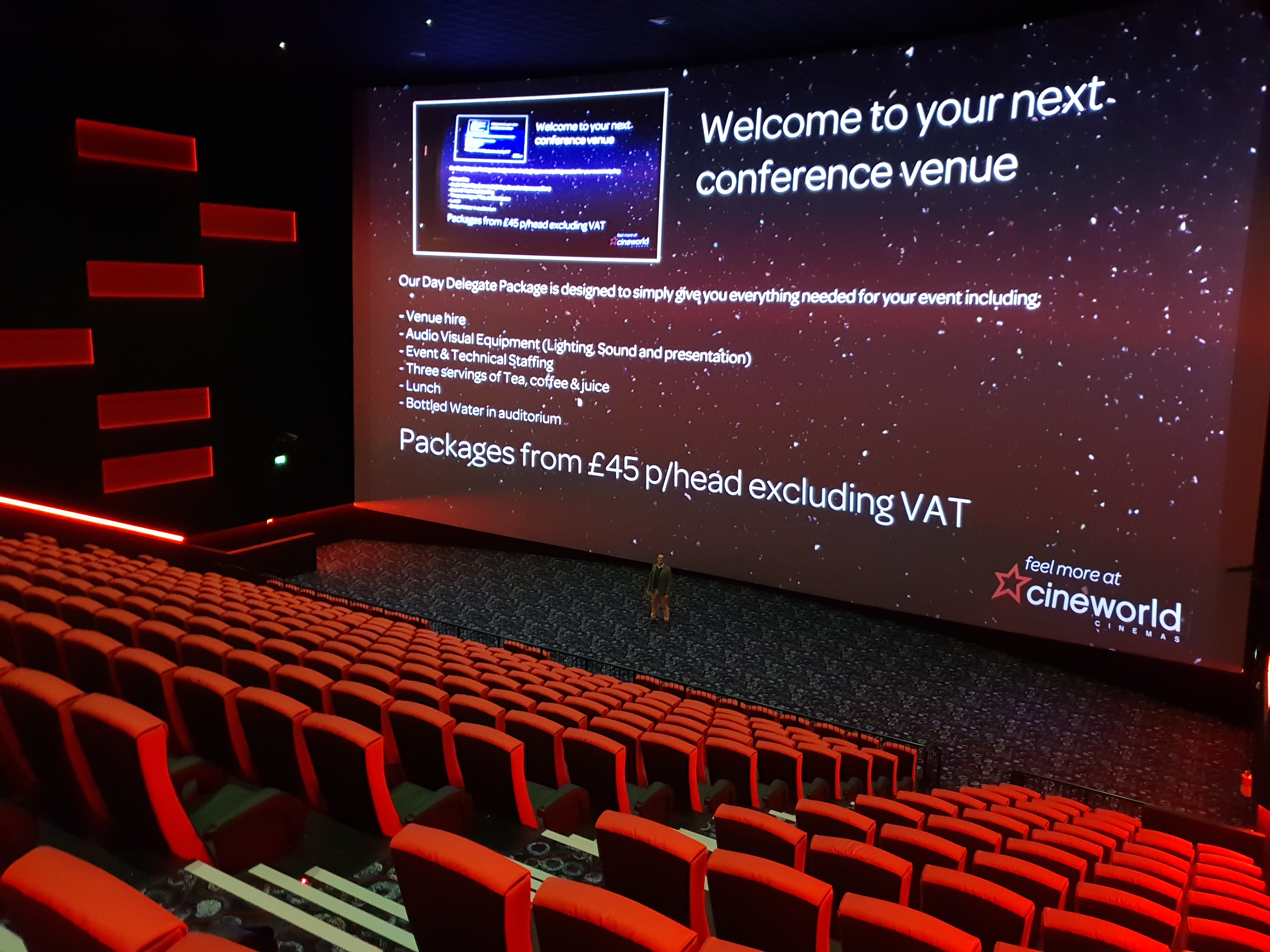 IMAX screen 1 at Cineworld Watford, featuring vibrant red seating for conferences and events.