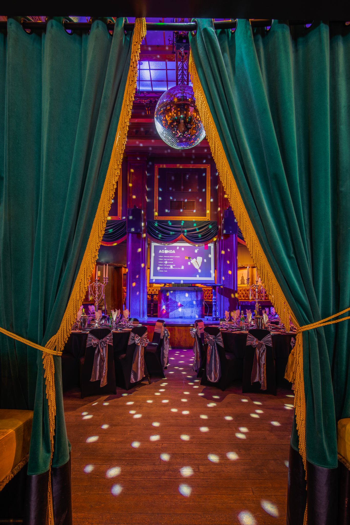 Vibrant gala venue with elegant black and silver decor in Birmingham. Perfect for celebrations.