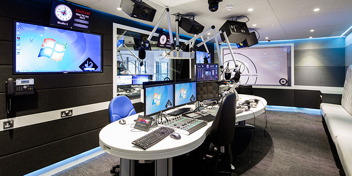 Modern broadcast studio at University of West London, ideal for live events and webinars.