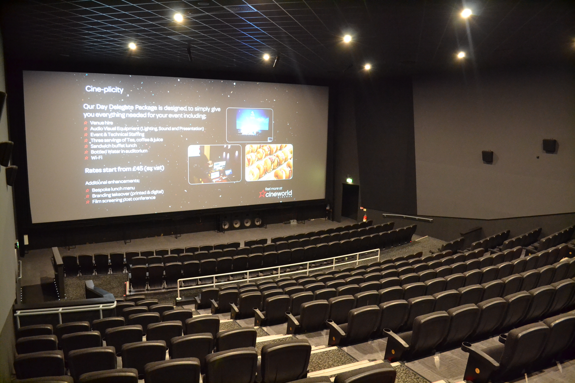 Spacious Cineworld Wembley auditorium with tiered seating for corporate events and presentations.