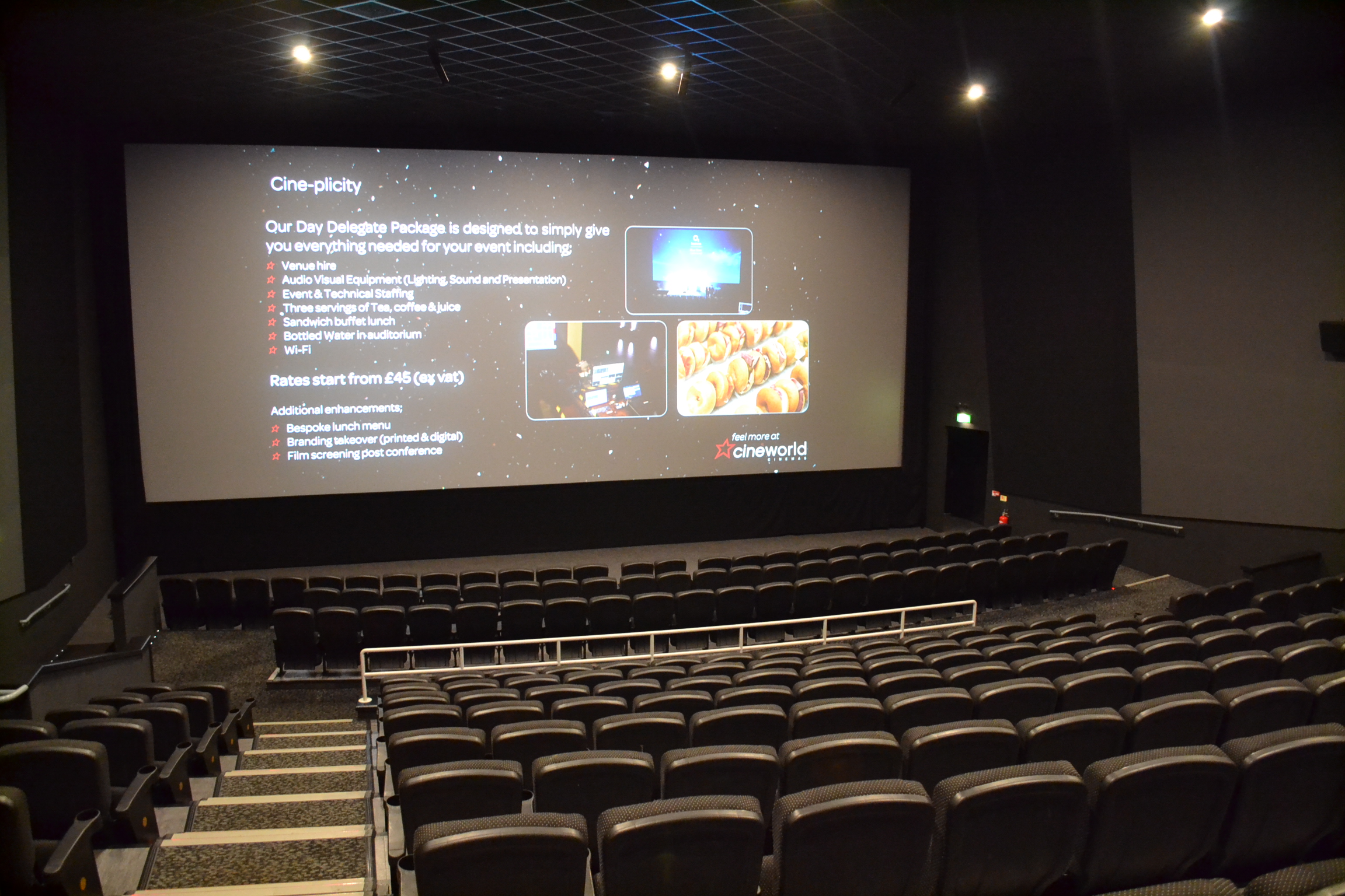 Modern Cineworld Wembley Screen 9 with tiered seating for corporate events and screenings.