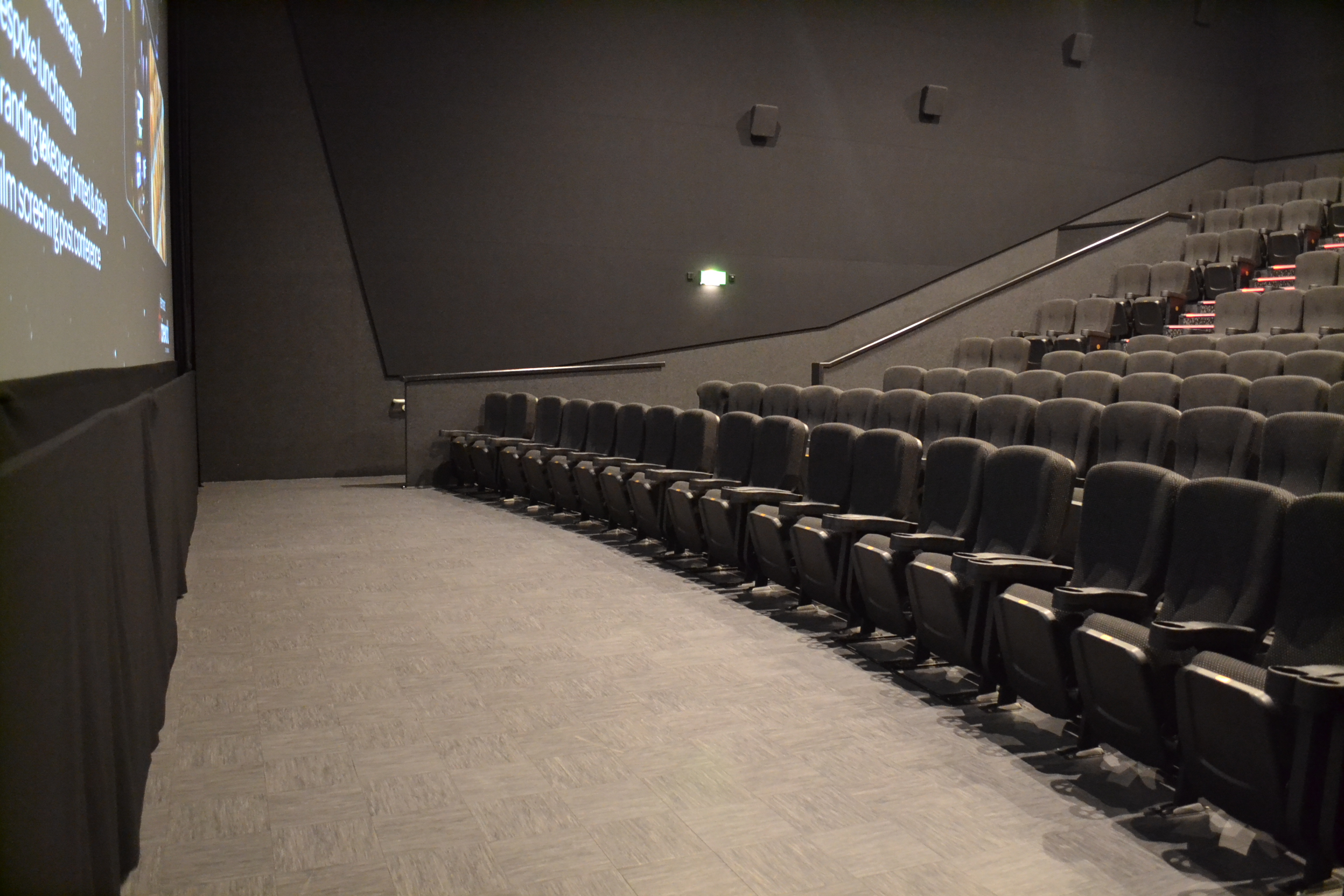 Modern cinema auditorium with tiered seating for film screenings and corporate events.
