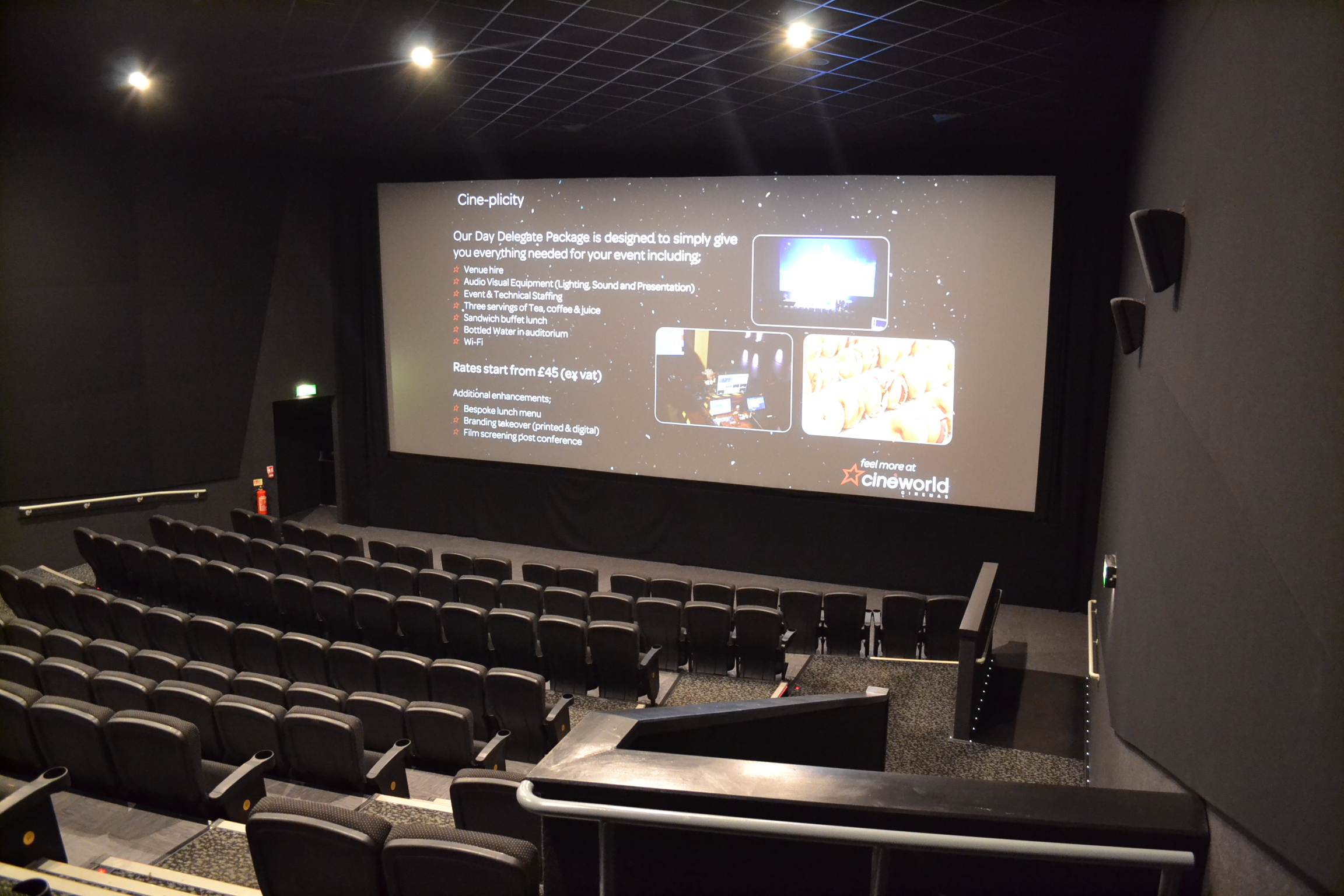 Modern cinema auditorium with spacious seating for corporate events at Cineworld Wembley.