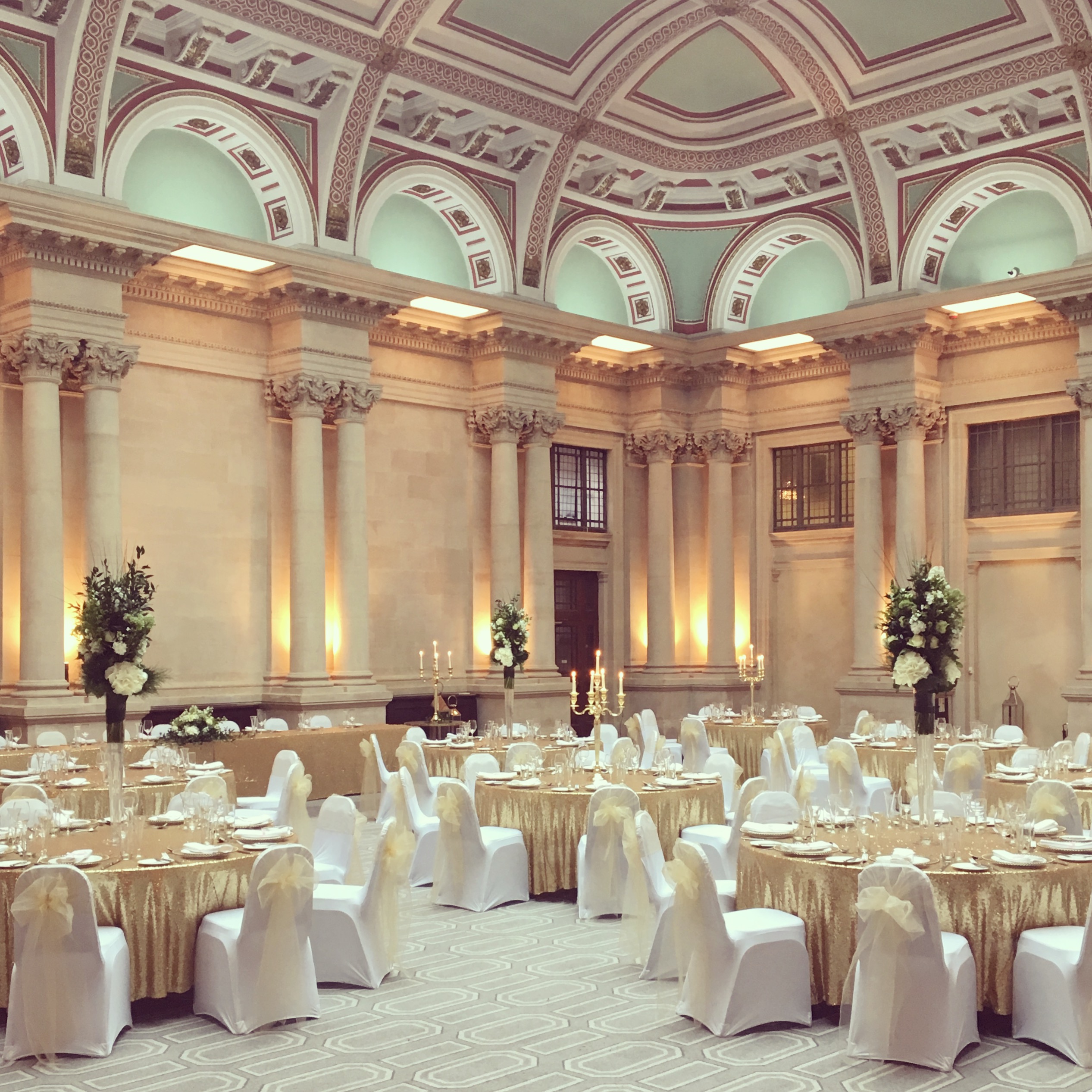 Elegant dining setup in The Sansovino, Bristol Harbour Hotel for weddings and galas.