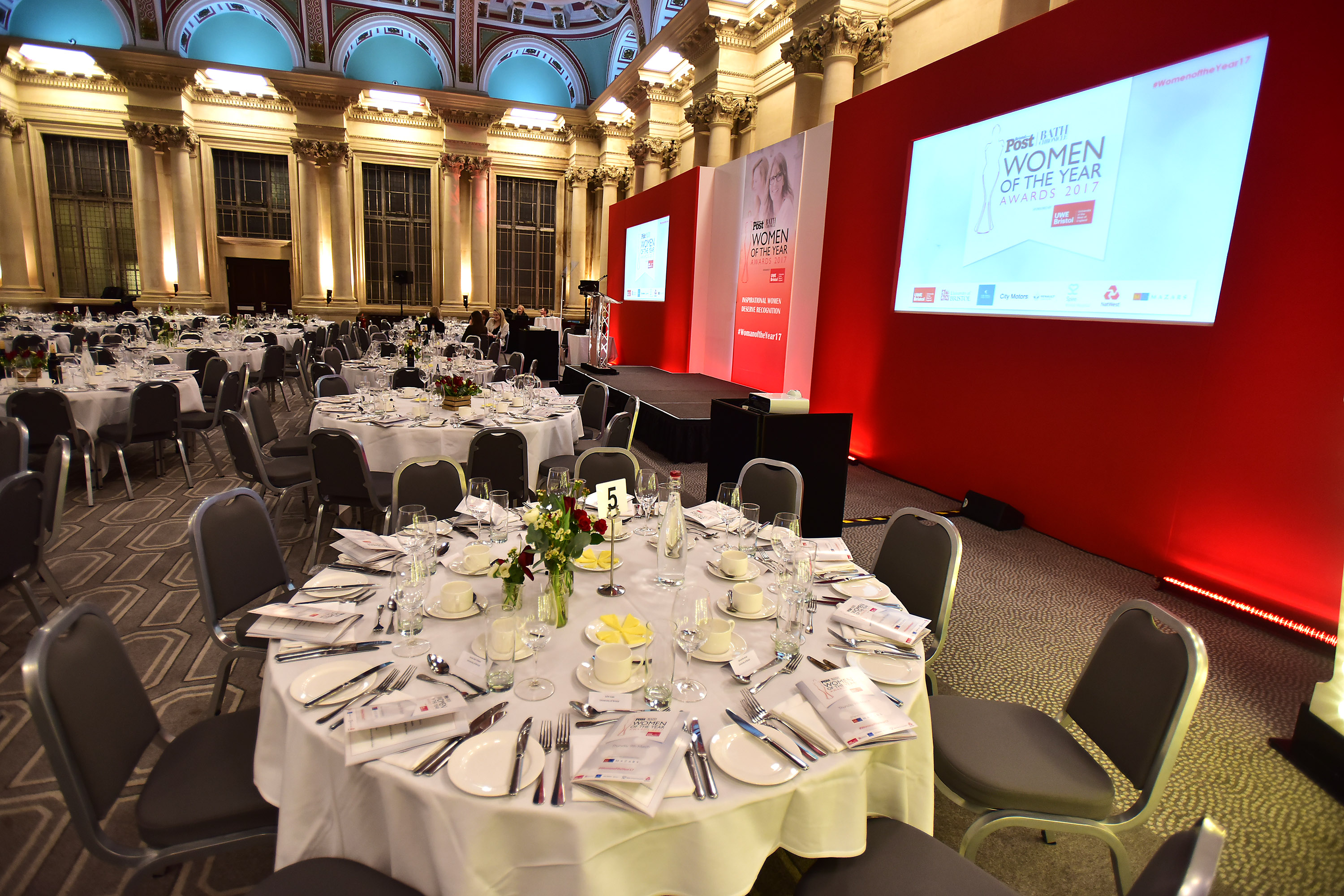 Elegant banquet hall at Bristol Harbour Hotel for gala or awards ceremony.