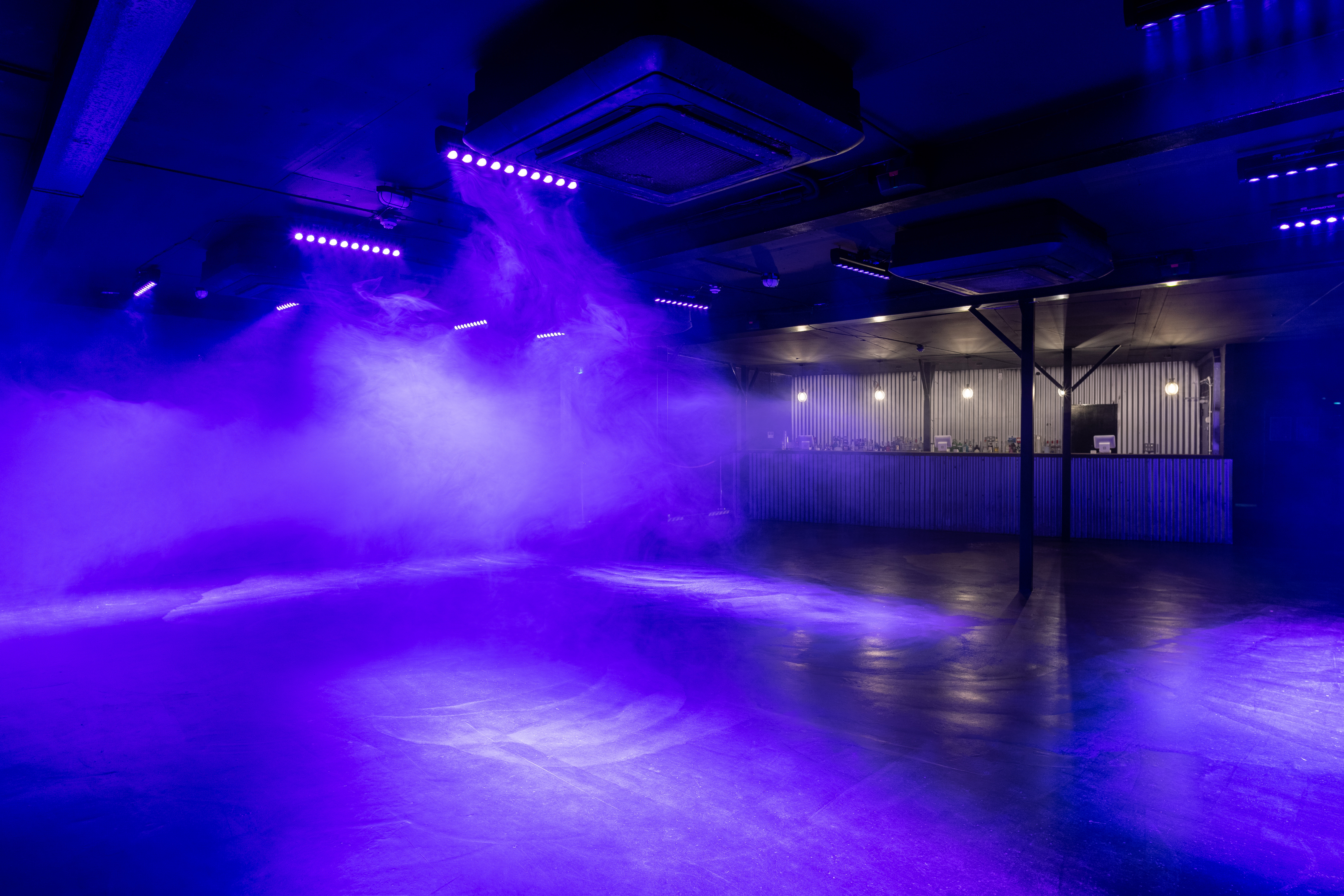 Versatile event space in XOYO Birmingham with purple lighting for parties and corporate events.