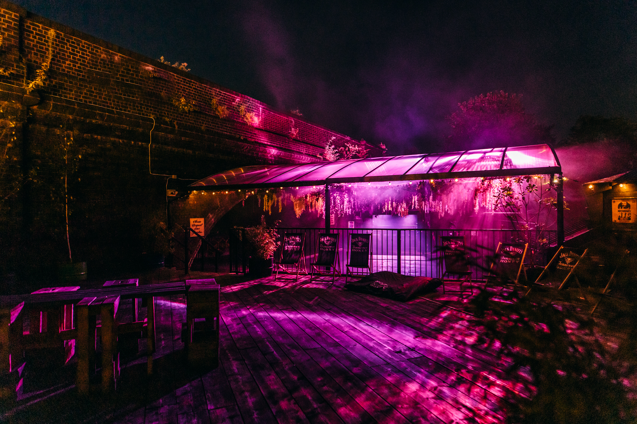 Vibrant Roof Terrace at XOYO Birmingham with purple lighting for events and celebrations.