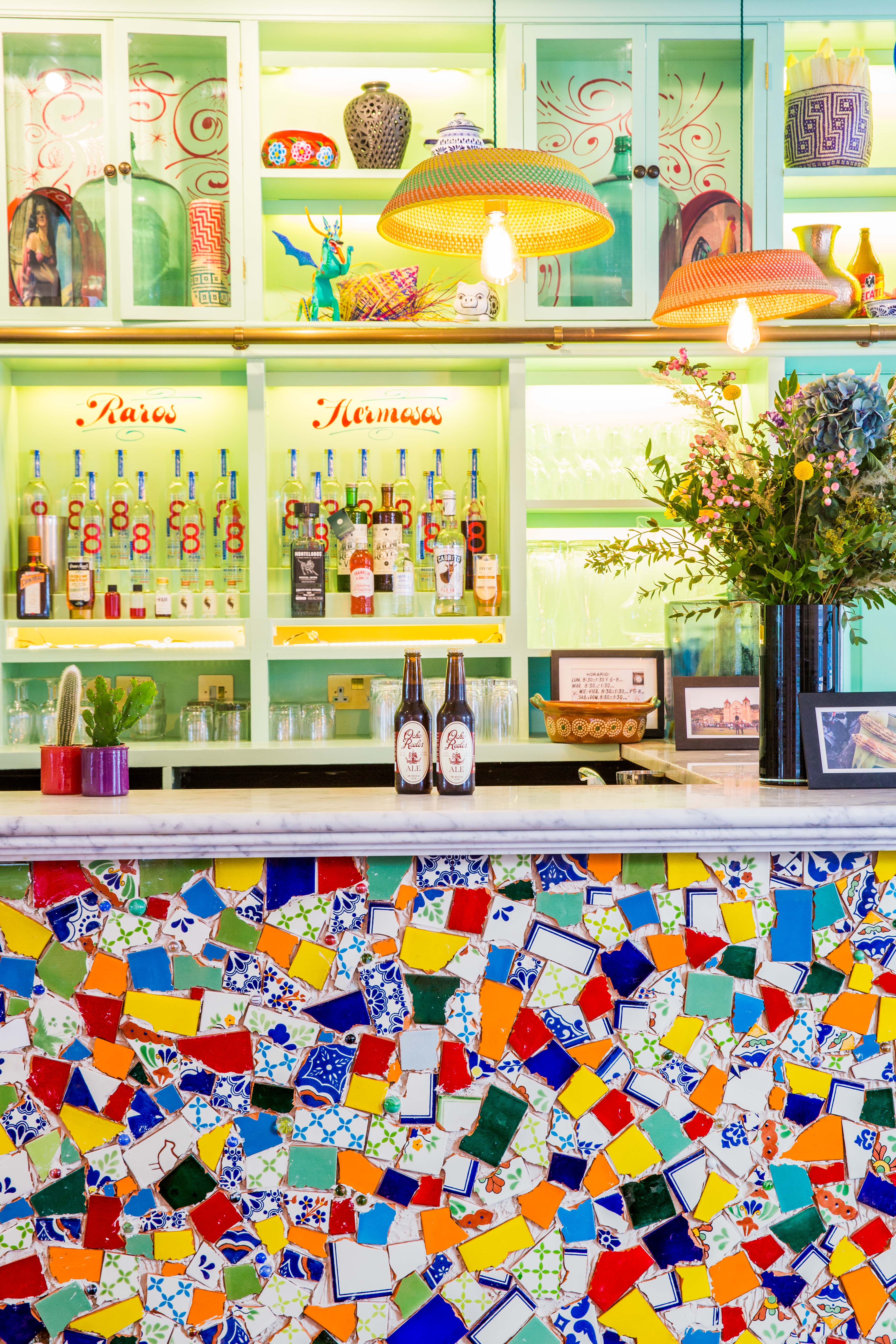 Vibrant Tequila & Mezcal Bar with colorful bottles, perfect for cocktail receptions.