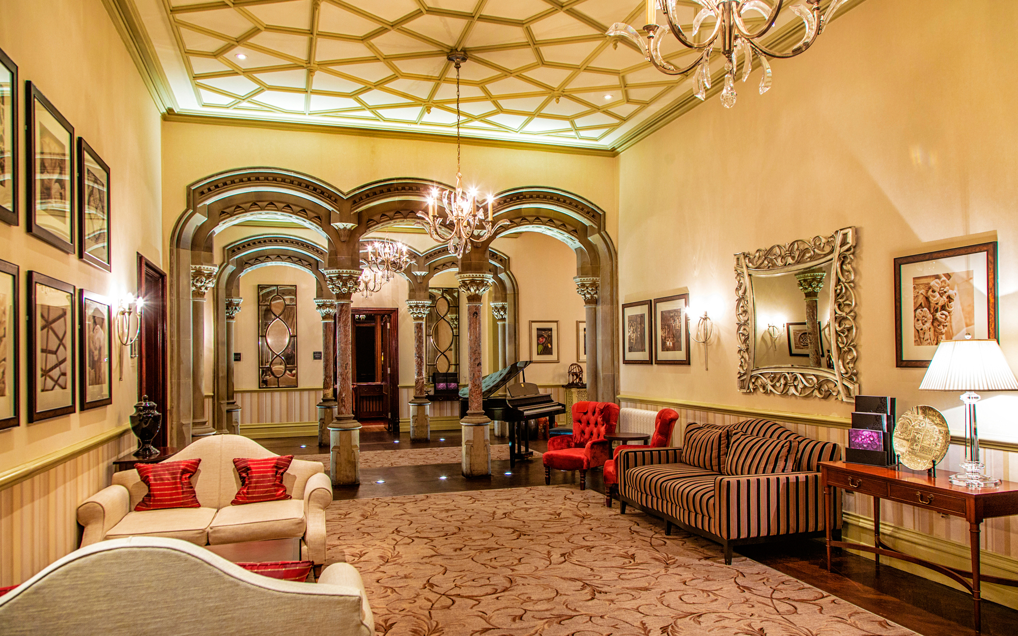 Sycamore Room lobby at Rockliffe Hall, elegant decor for upscale events and networking.