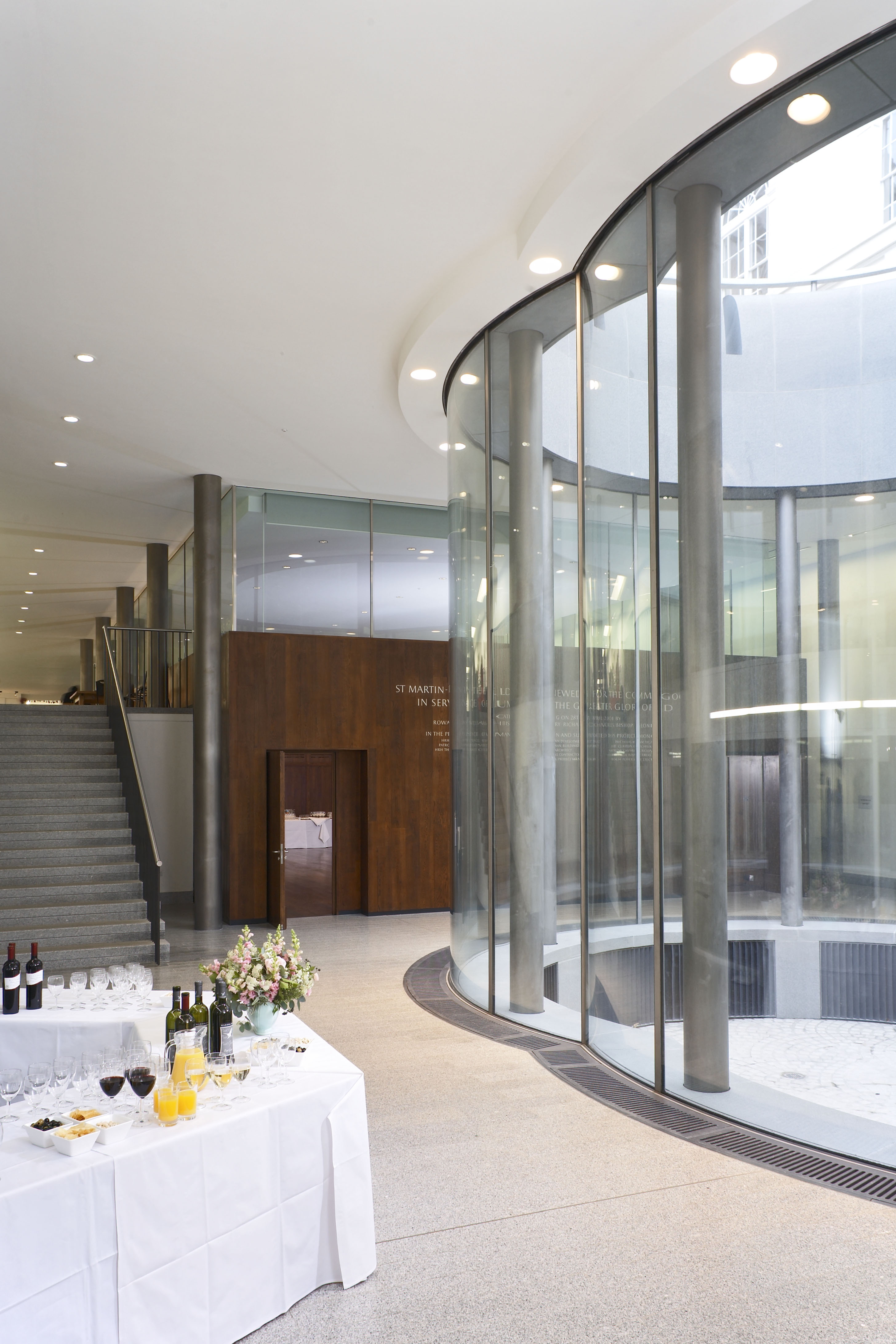 St Martins Hall lobby with sleek design, ideal for events and networking.