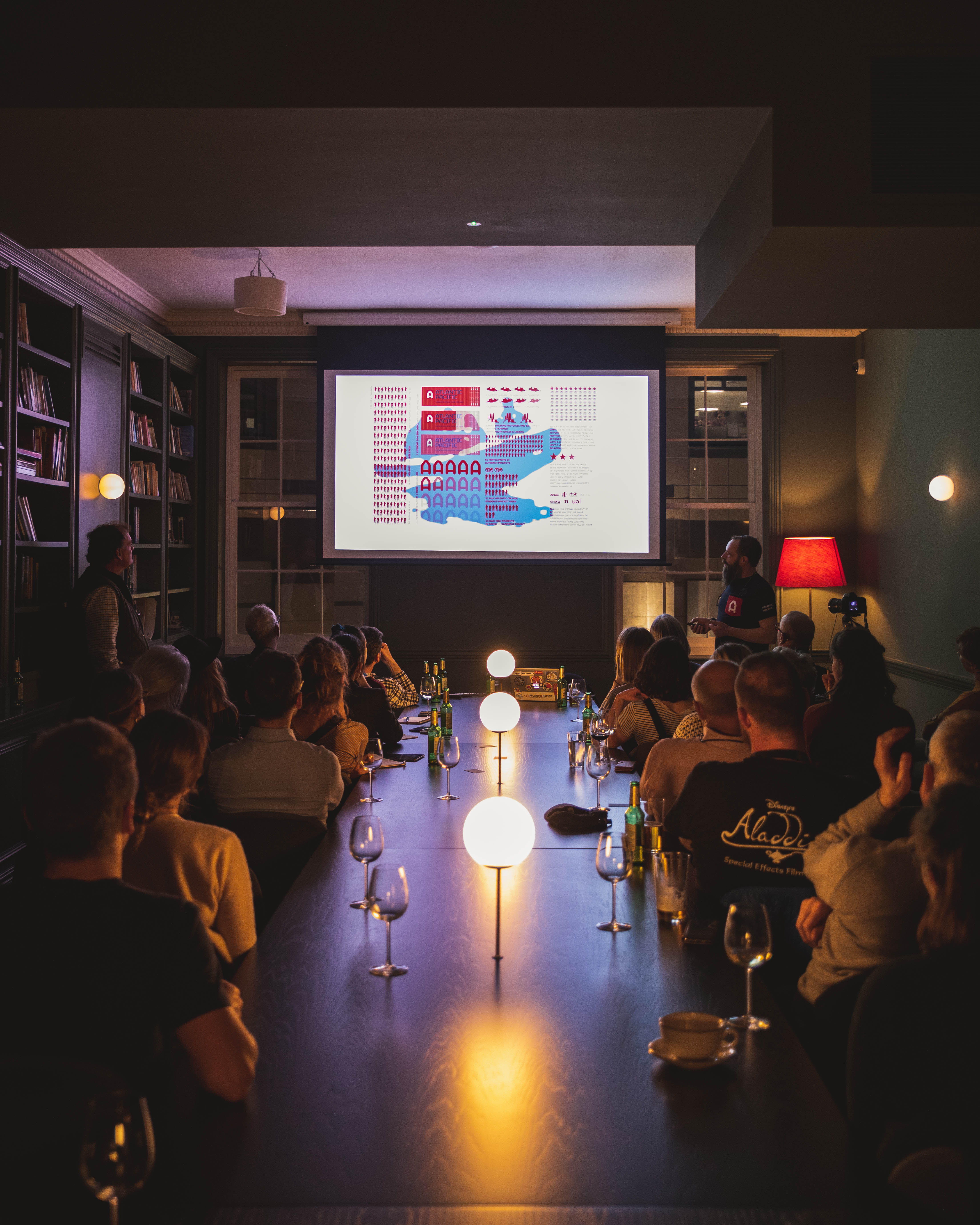 Engaging meeting in The Library, Kindred with warm lighting and collaborative atmosphere.