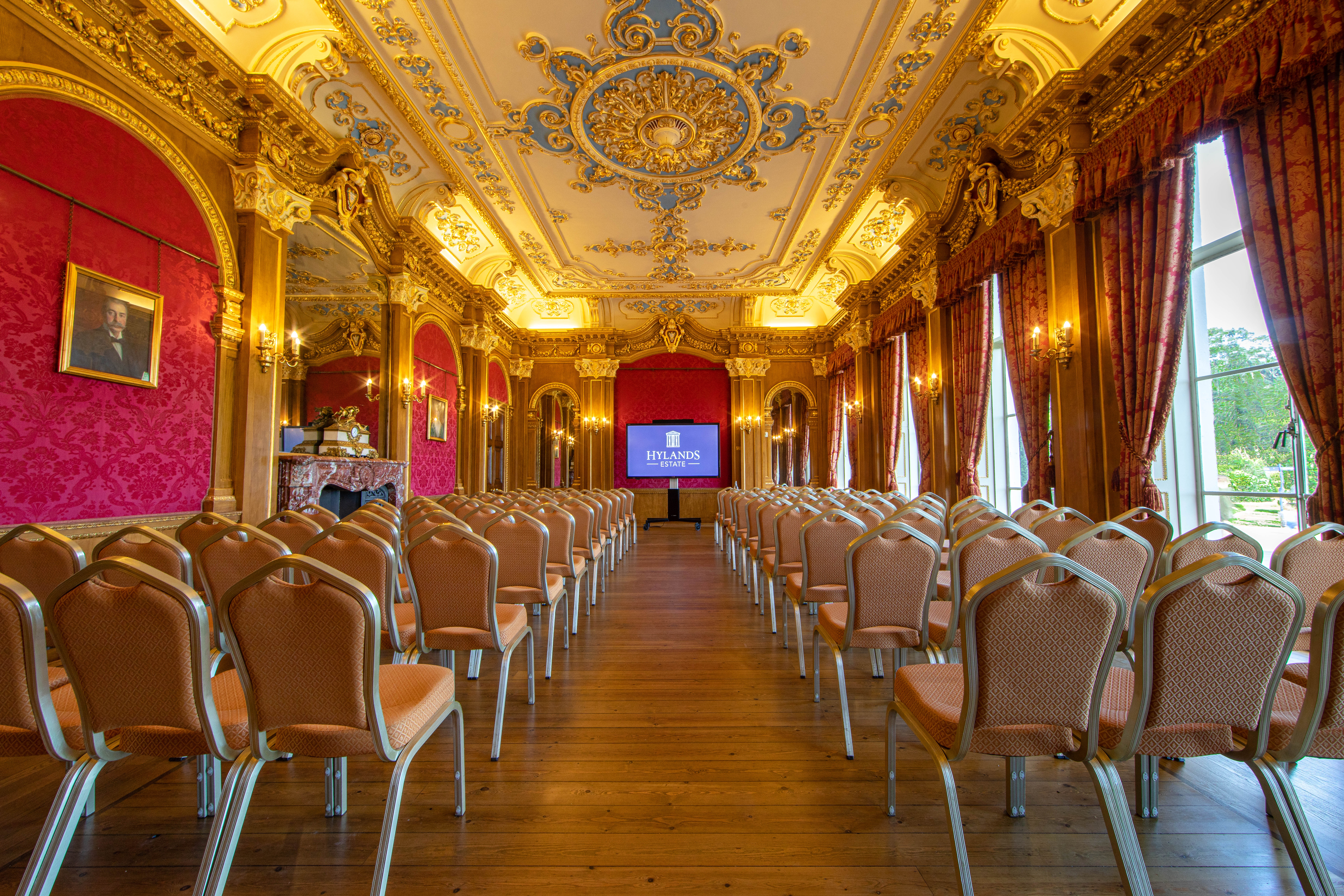 Hylands House event space with ornate decor, ideal for conferences and formal gatherings.